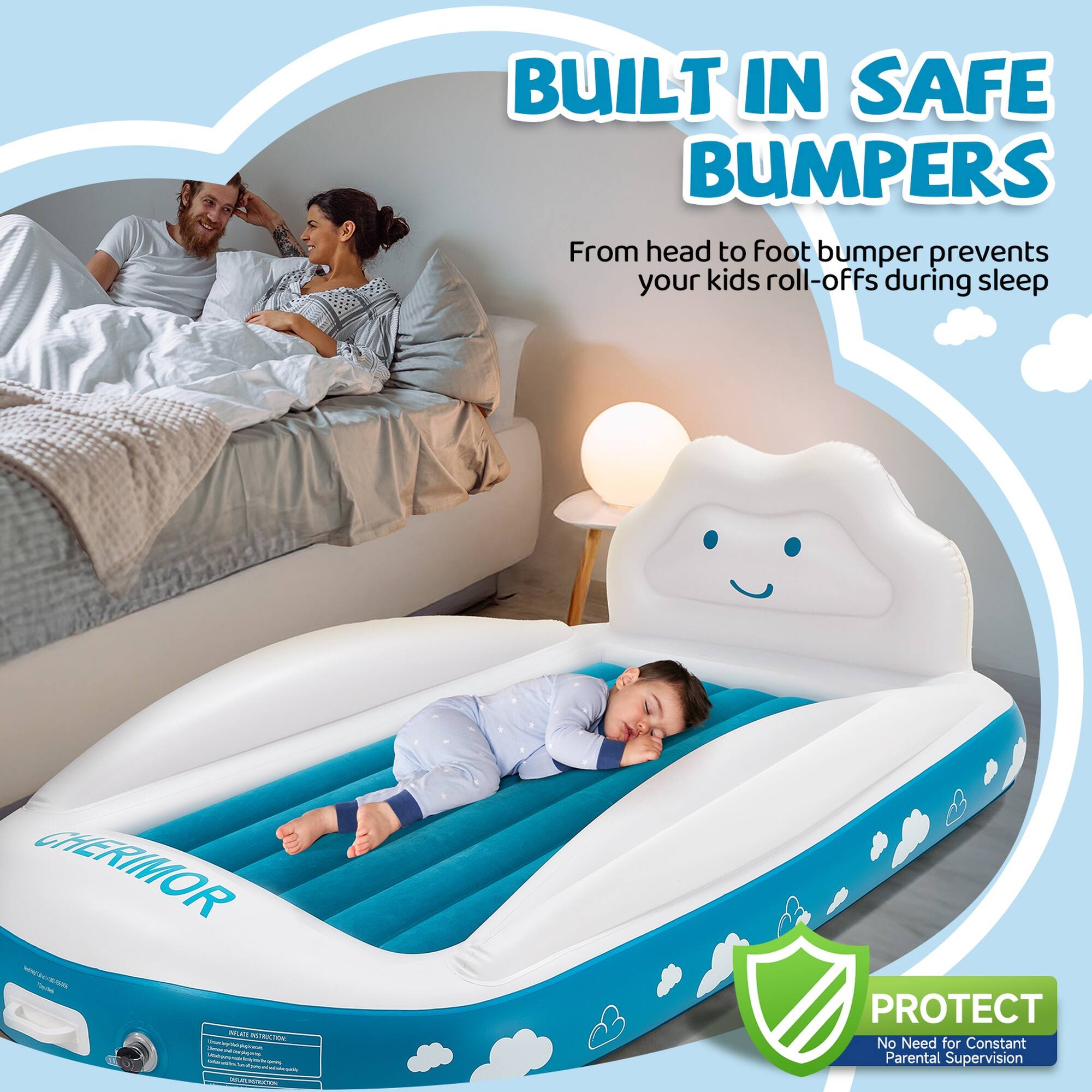 BUILT IN SAFE BUMPERS  
From head to foot bumper prevents your kids roll-offs during sleep

CHERIMOR  
Total MILKA, PLATE INSTRUCTION, Churlegriaiologianion - DemenDische 1  
DELECTION

PROTECT  
No Need for Constant Parental Supervision