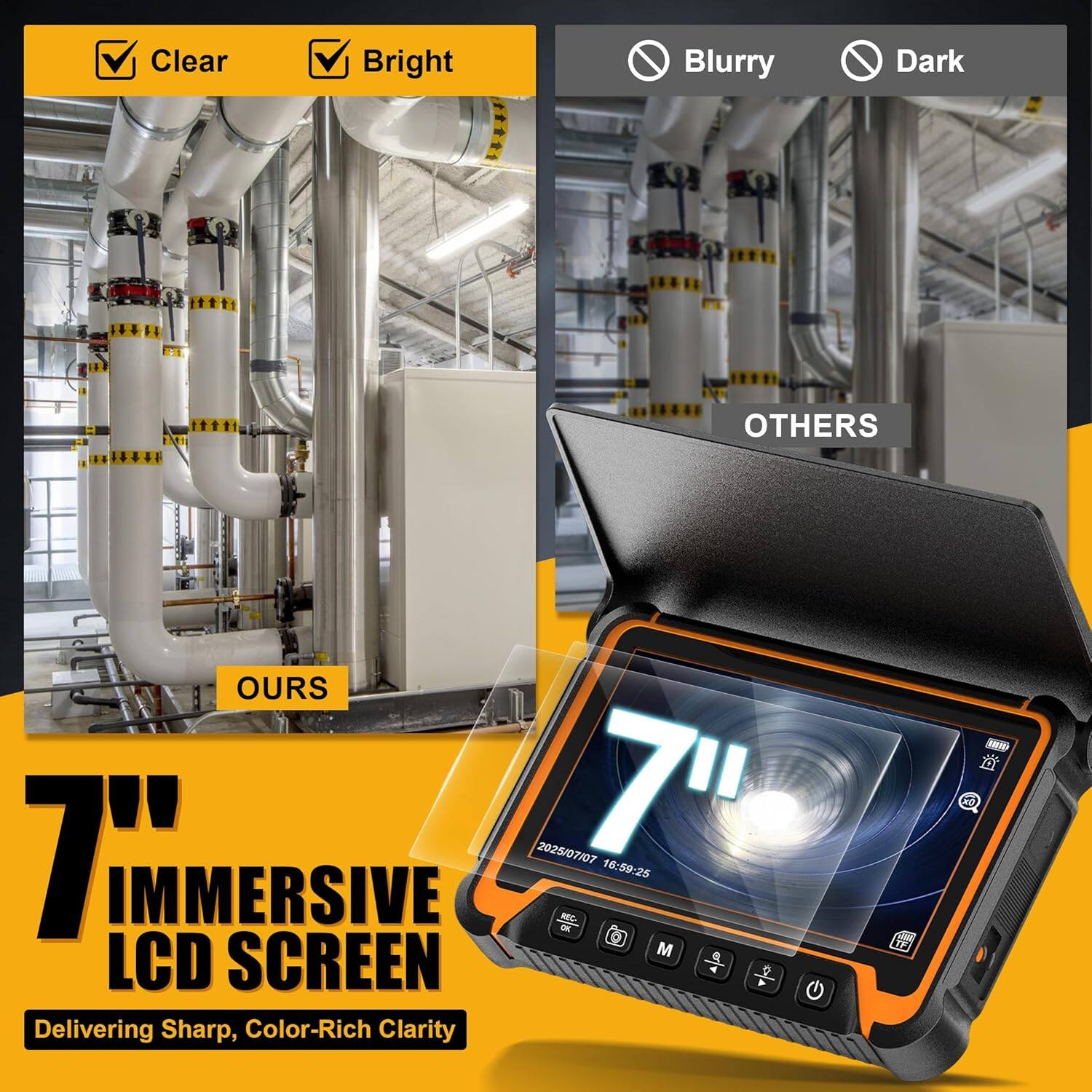 Back. Aukfa - Endoscope Camera with Light - 7" Monitor, 100ft IP68 Self-Leveling Pipe Inspection, 5MM Cable, DVR.