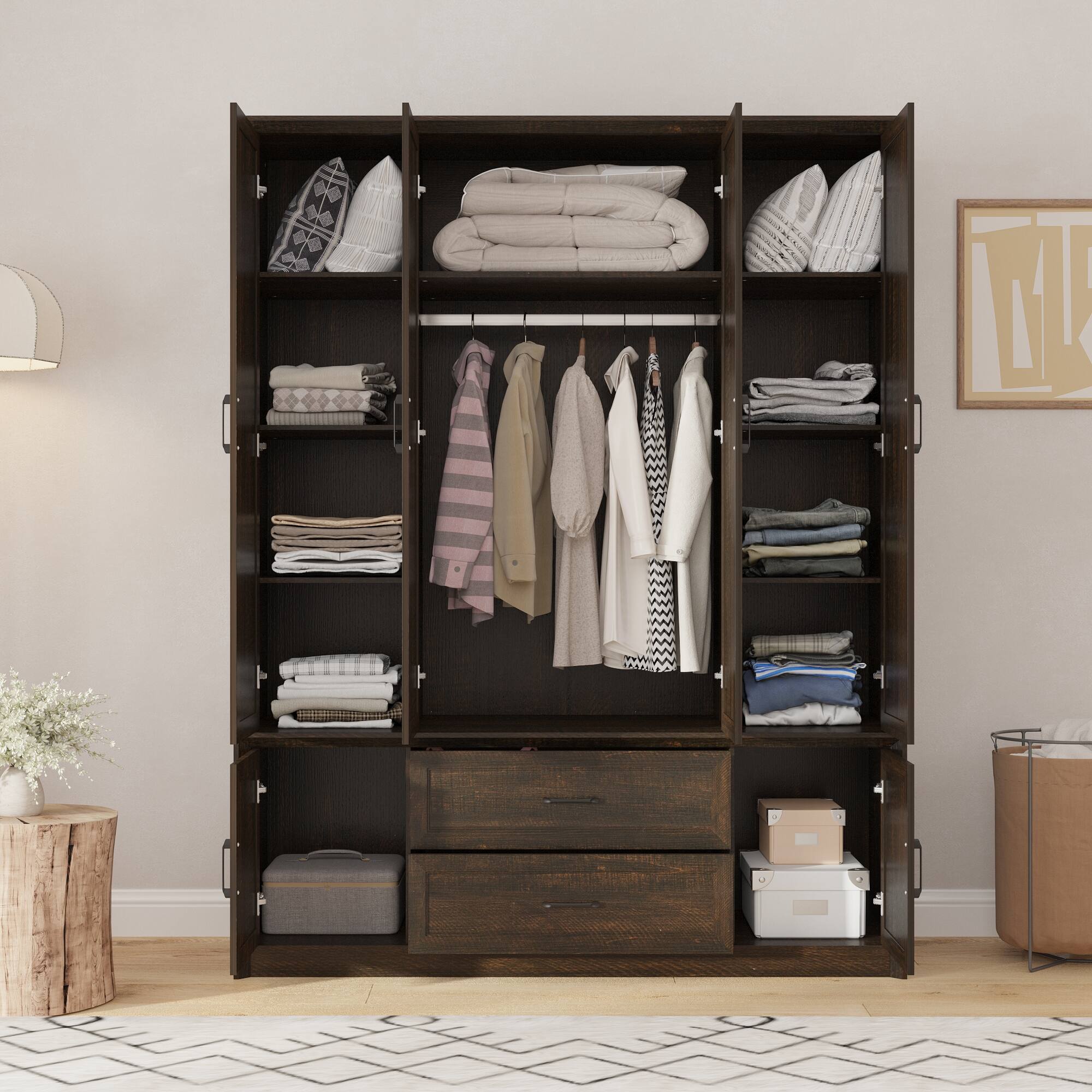 Left. FUFU&GAGA - Four-Door Wardrobe Closet with Shelves and Drawers for Complete Bedroom Storage - Black.