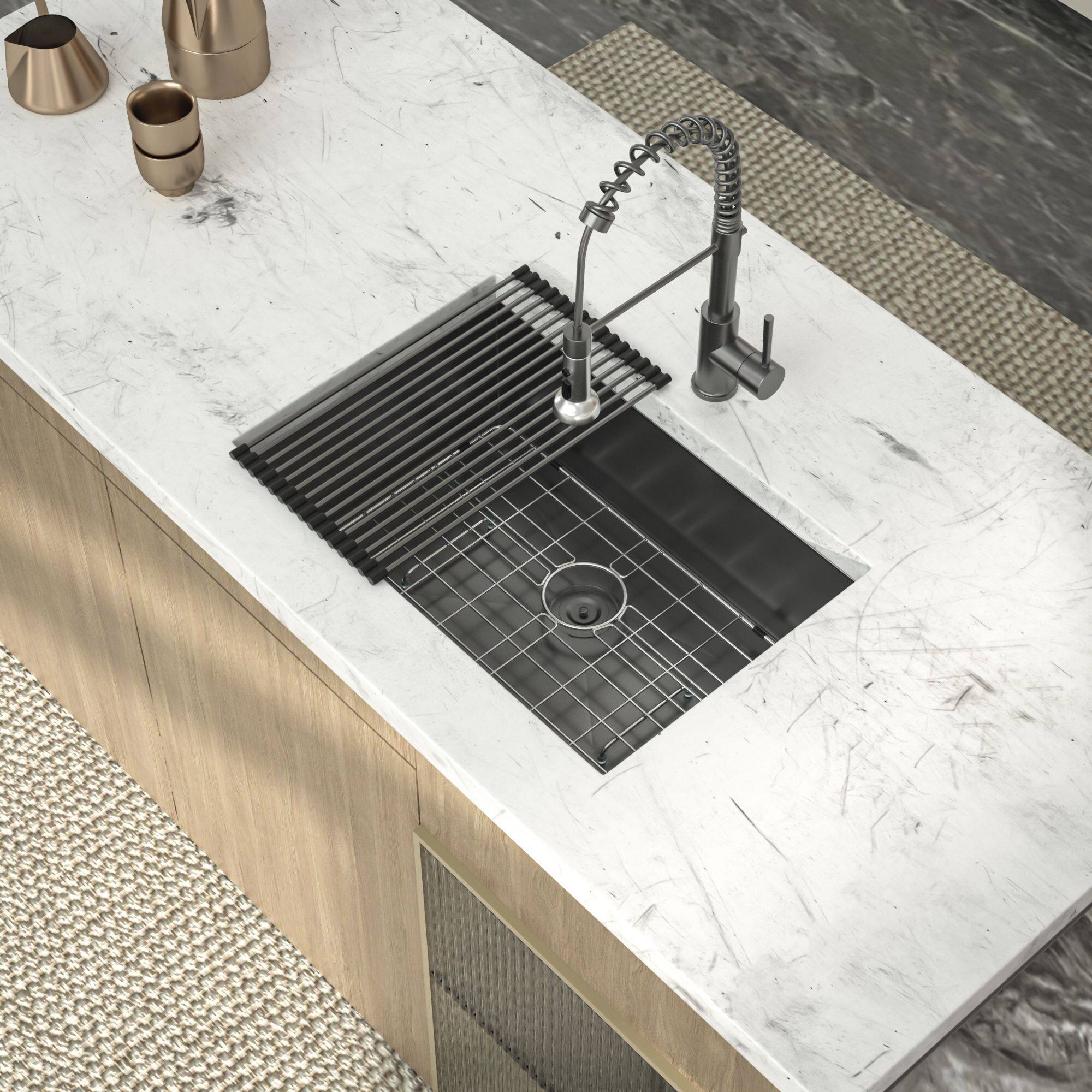 Left. Lordear - 28" x 18" x 9" Undermount Gunmetal Black Kitchen Sink Single Bowl 16 Gauge Stainless Steel Sink - Gunmetal Black.