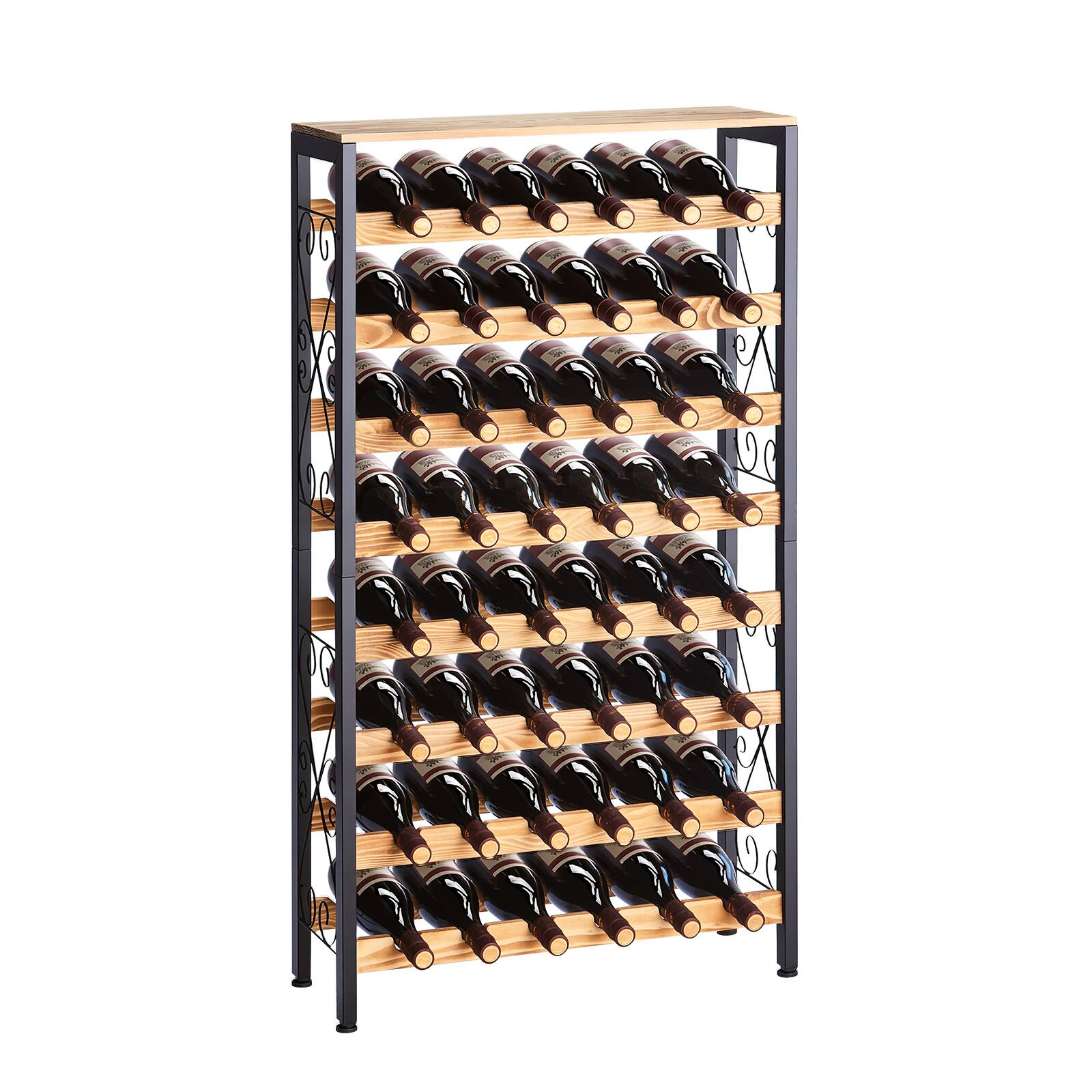 Front. VEVOR - 48 Bottle Wine Rack,8-Tier Iron Wine Bottle Holder With Wood Table Top,Freestanding Floor Display Wine Storage Shelves - Black.