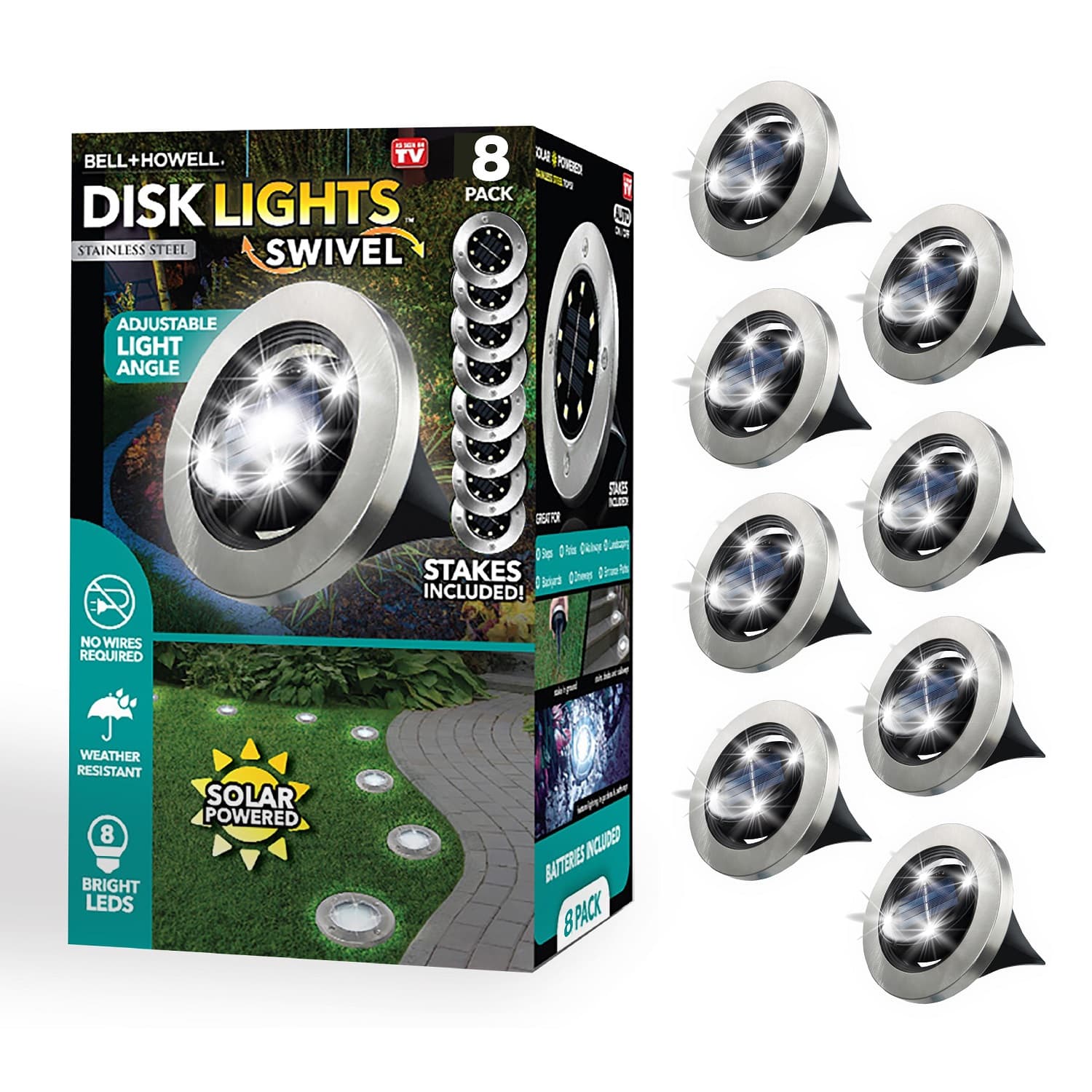 Bell + Howell - 8 LED Swivel Solar Powered Disk Lights with Auto On/Off, Adjustable Angle, Walkway Lights - 8 Pack