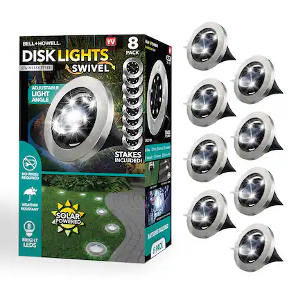 - BELL+HOWELL
- TV 8 PACK
- DISK LIGHTS
- STAINLESS STEEL
- SWIVEL
- ADJUSTABLE LIGHT ANGLE
- STAKES INCLUDED!
- NO WIRES REQUIRED
- WEATHER RESISTANT
- 8 BRIGHT LEDS
- SOLAR POWERED
- BATTERIES INCLUDED