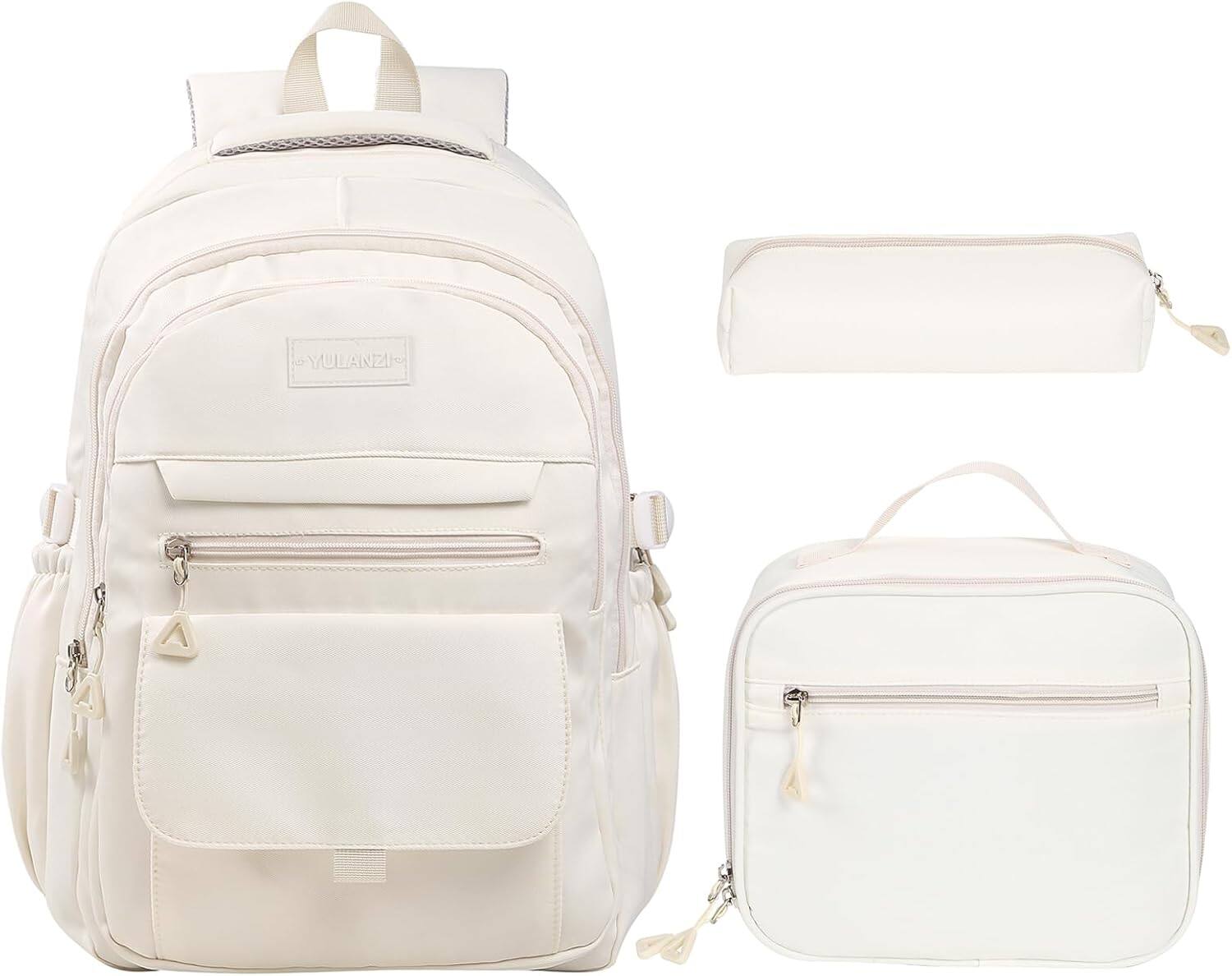 Front. Vulpecula Spade - Teen Girls School Backpack with Lunch Box for Boys, College Aesthetic Laptop Bookbag for Women,Beige - Beige.