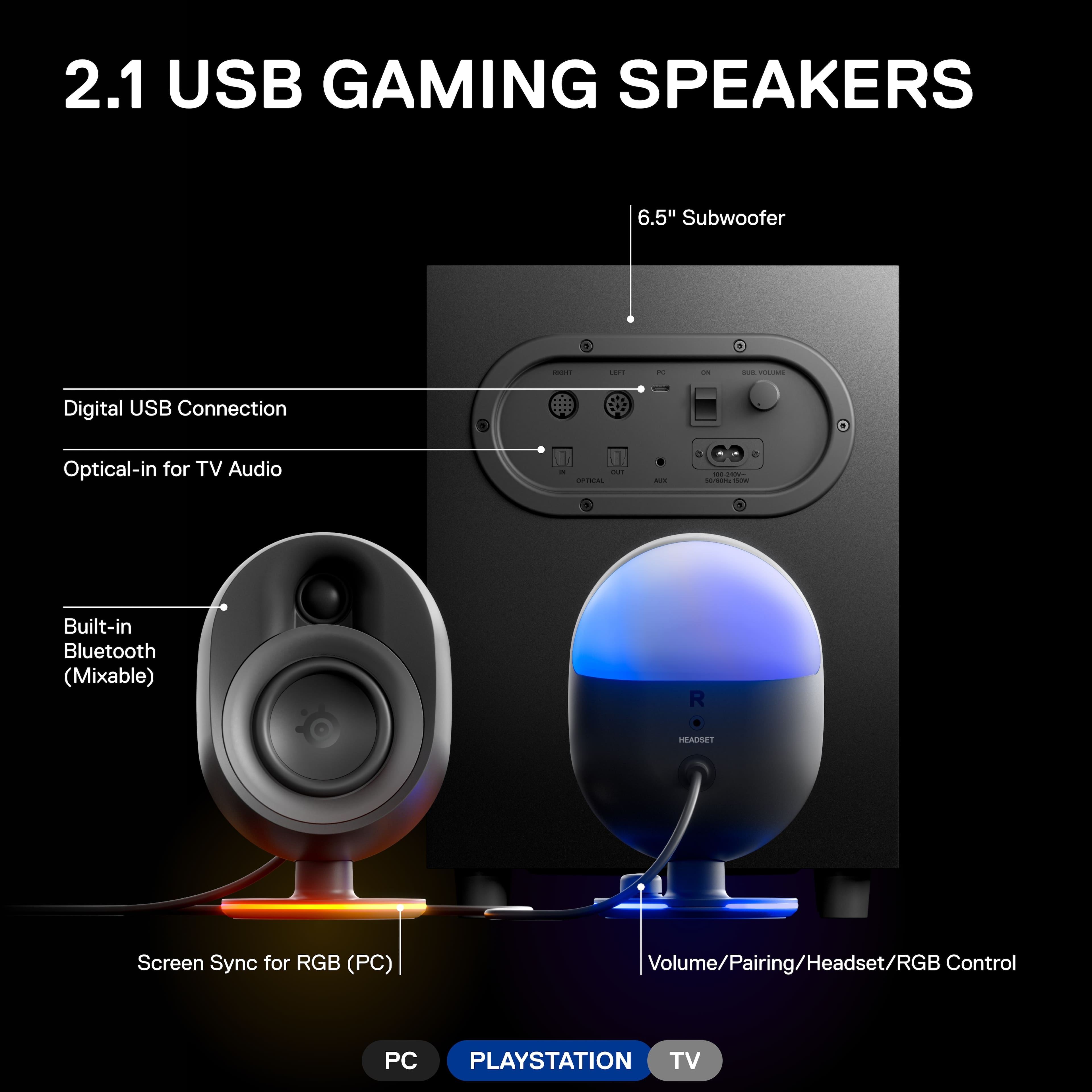 2.1 USB Gaming Speakers 6.5" Subwoofer - Digital USB Connection - Optical-in for TV Audio - Built-in Bluetooth (Mixable) IRACSET Screen Sync for RGB (PC) Volume/Pairing/Headset/RGB Control PC PlayStation TV