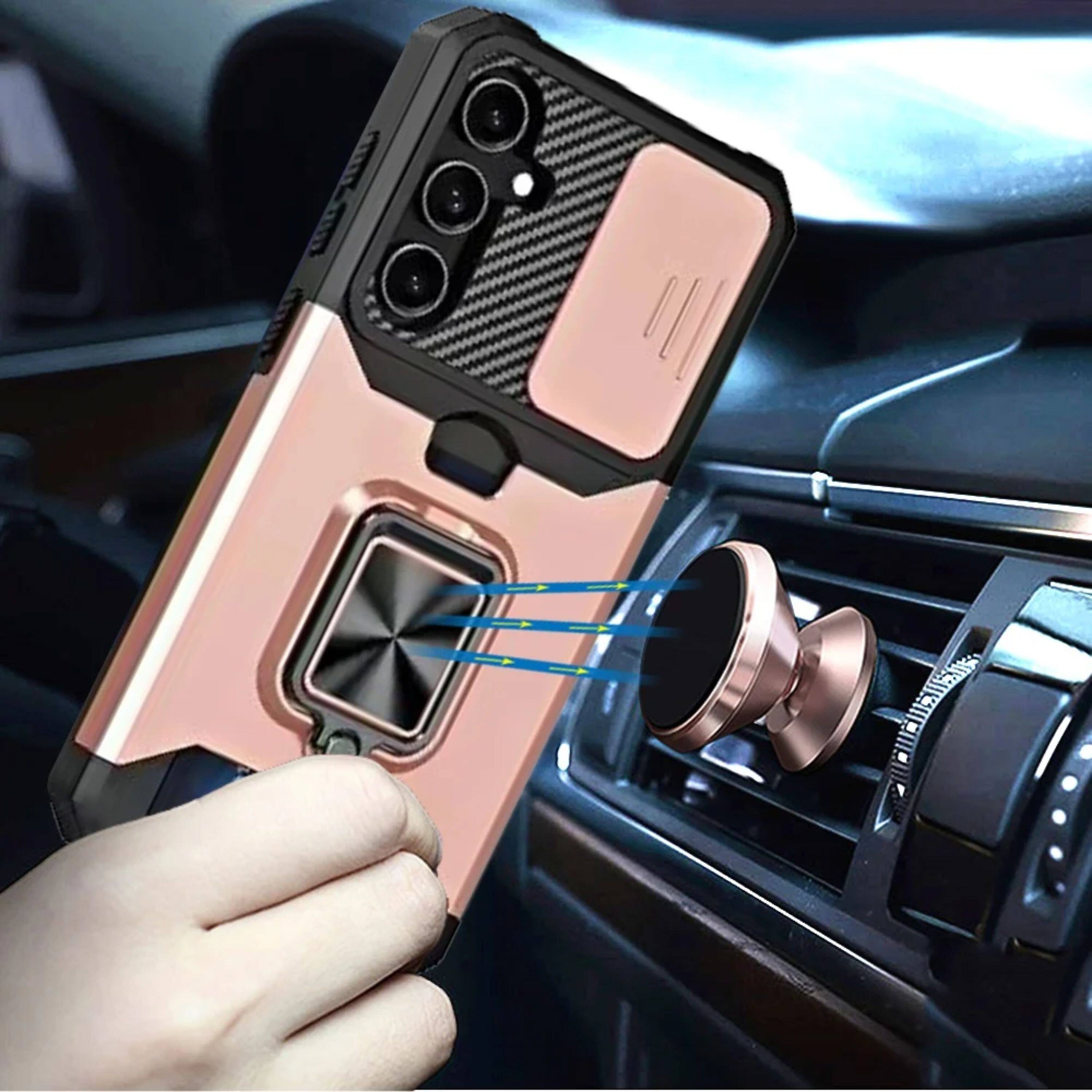 Left. Kitcheniva - Multi-Use Card Holder with Lens Cover Plus Tempered Glass For Samsung S25 FE Rose Gold - Gold.