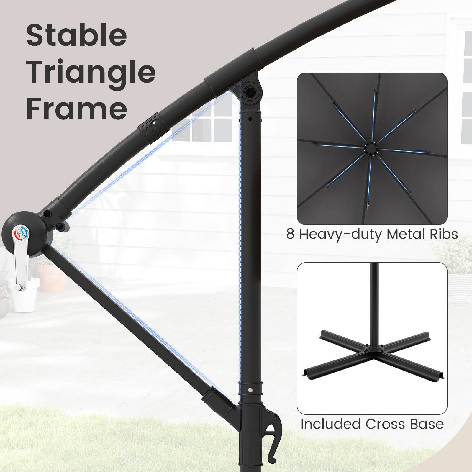 Stable Triangle Frame, 8 Heavy-duty Metal Ribs, Included Cross Base
