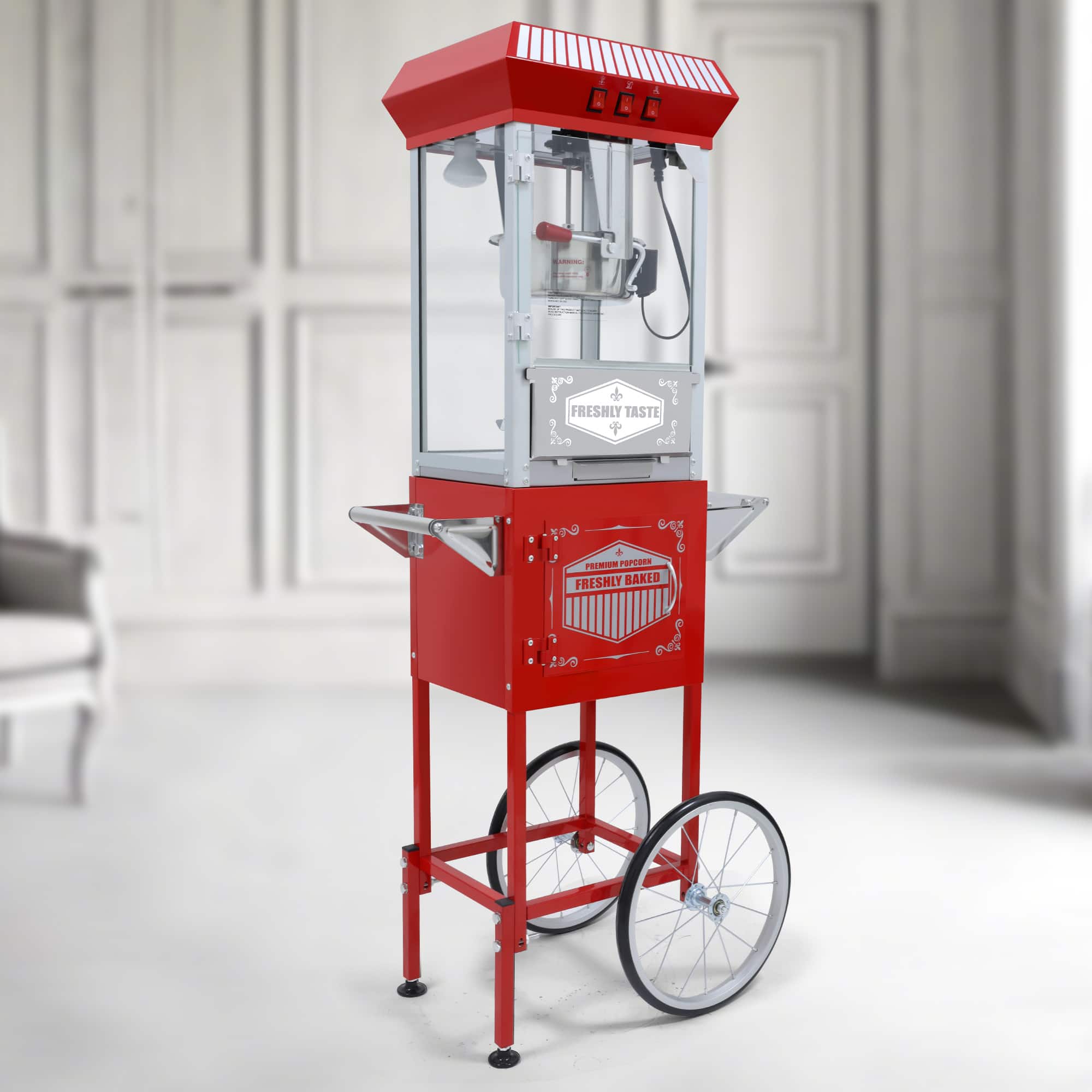 Aukfa - Movie Theater-Style Popcorn Machine with Cart - 12-Ounce Kettle, Vintage Popper on Wheels - Red