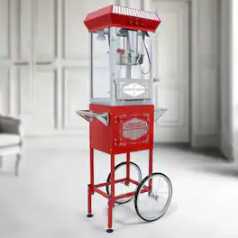 Aukfa - Movie Theater-Style Popcorn Machine with Cart - 12-Ounce Kettle, Vintage Popper on Wheels - Red