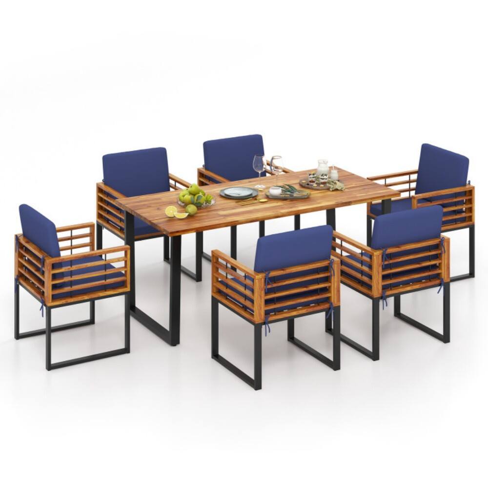 Angle. Mondawe - 7 Pieces Patio Acacia Wood Dining Chair and Table Set for Backyard and Poolside - Navy.