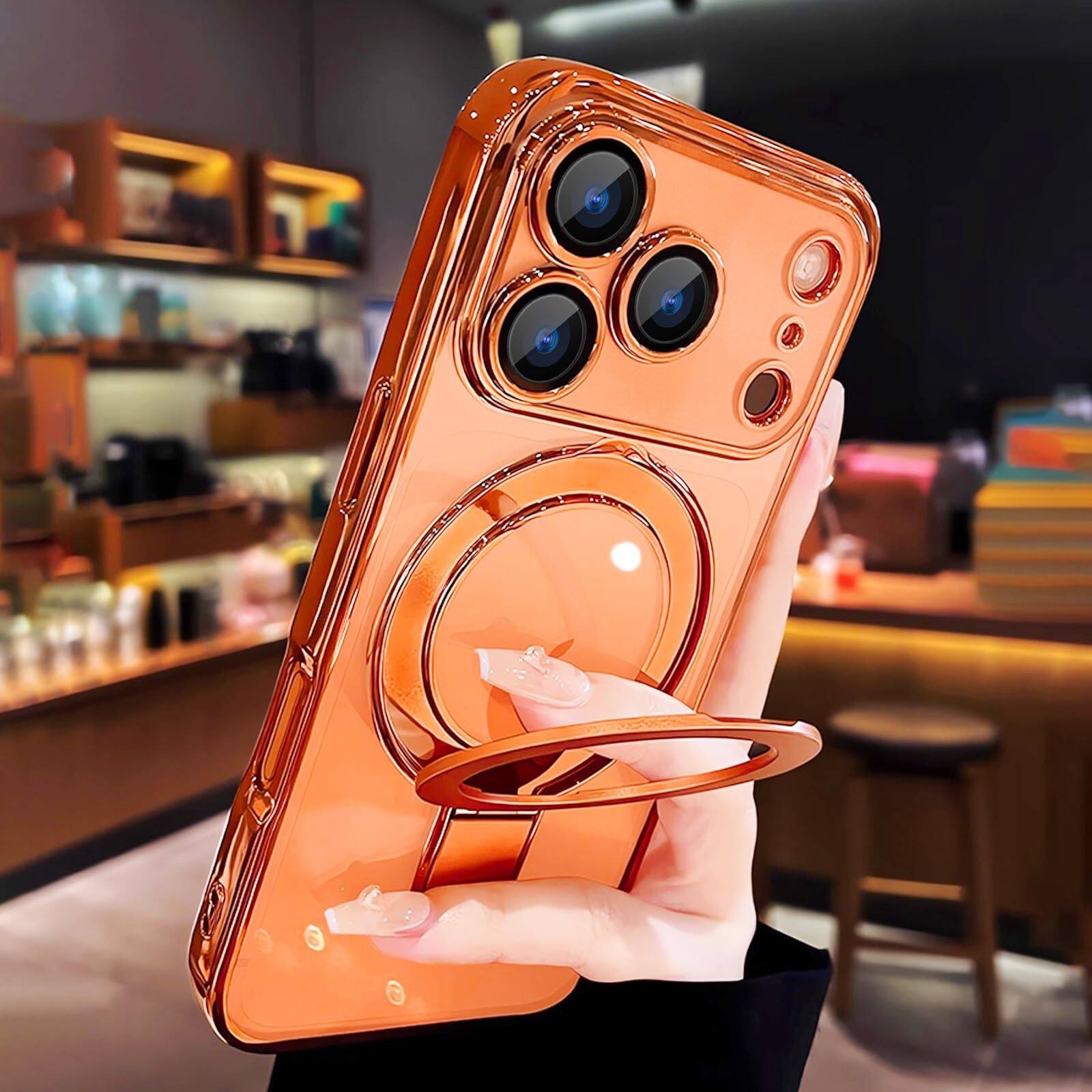 Angle. UUCOVER - Magnetic Case for iPhone 18 Pro Max,Shockproof TPU+PC Clear Case Ring Stand Compatible with MagSafe Camera Lens Cover - Orange.