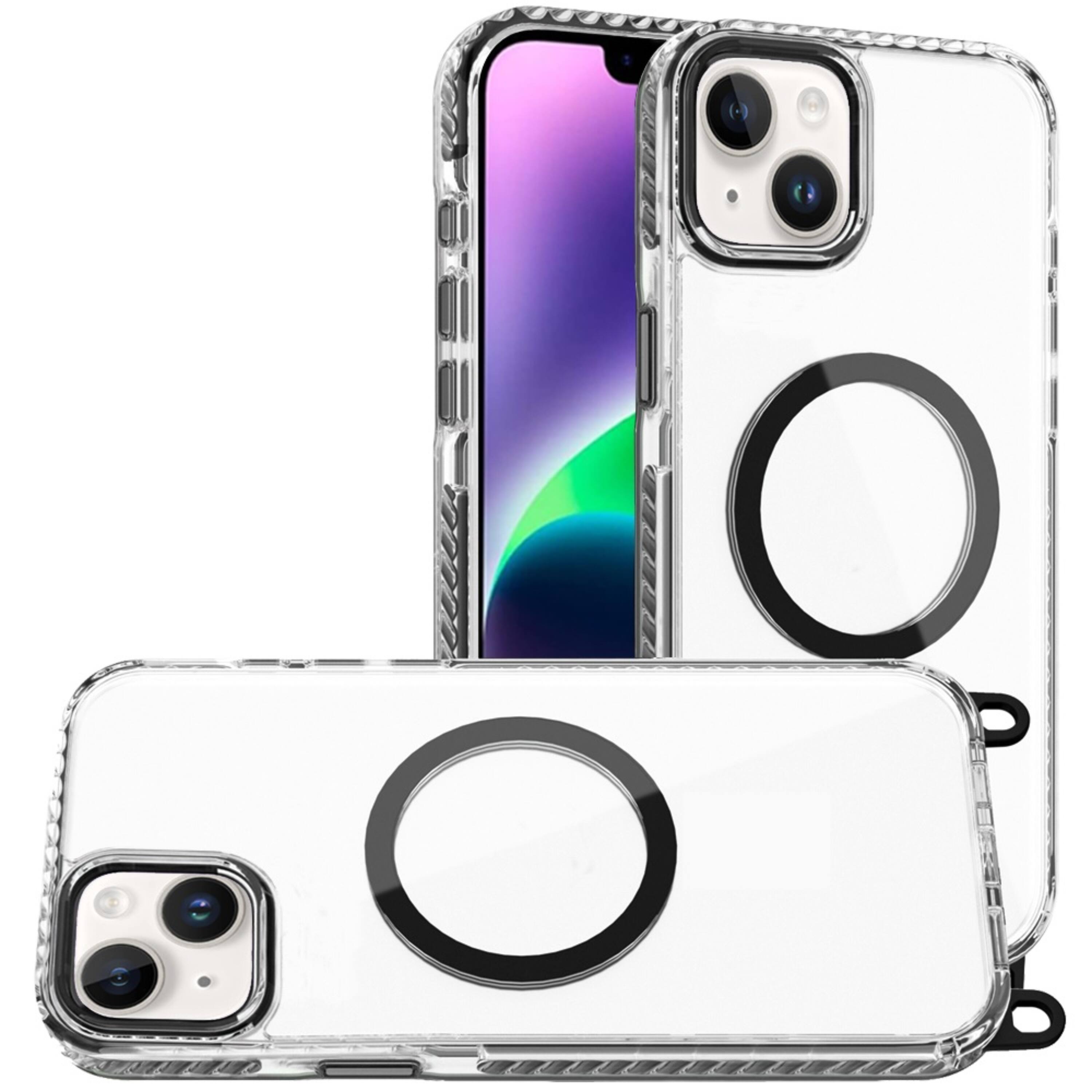 Kitcheniva - Long Matching Lanyard Magnetic Circle Phone Case With Tempered Glass For iPhone 13/14 - Black