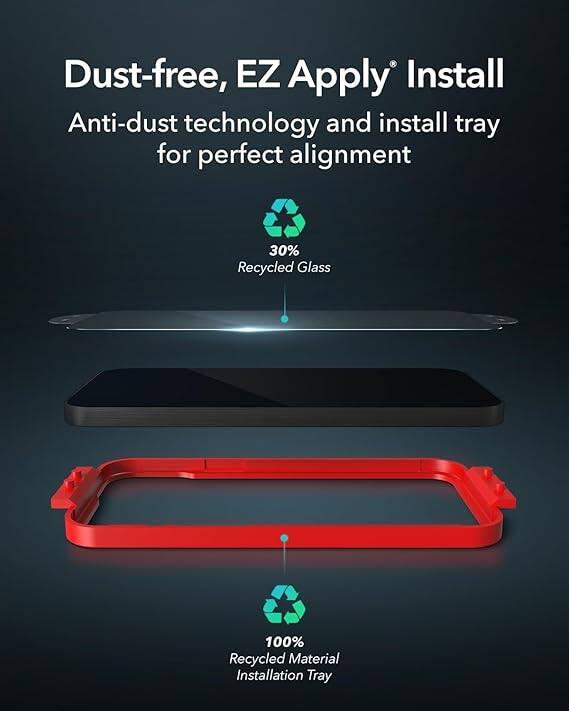 Dust-free, EZ Apply® Install  
Anti-dust technology and install tray for perfect alignment  

30% Recycled Glass  

100% Recycled Material Installation Tray