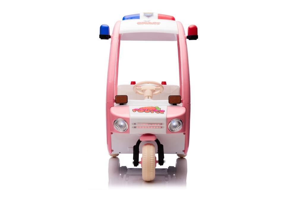 Back. BreeBe - 12V Electric 3-Wheel Kids Police Car, 2-Seater Ride On Toy with Lights, Music, Bluetooth, Walkie Talkie - Pink.