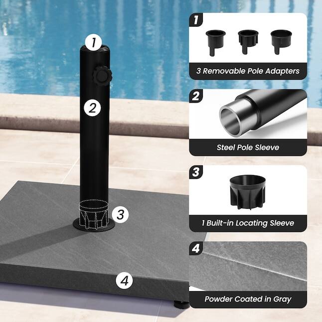 1. 3 Removable Pole Adapters  
2. 2 Steel Pole Sleeve  
3. 1 Built-in Locating Sleeve  
4. Powder Coated in Gray