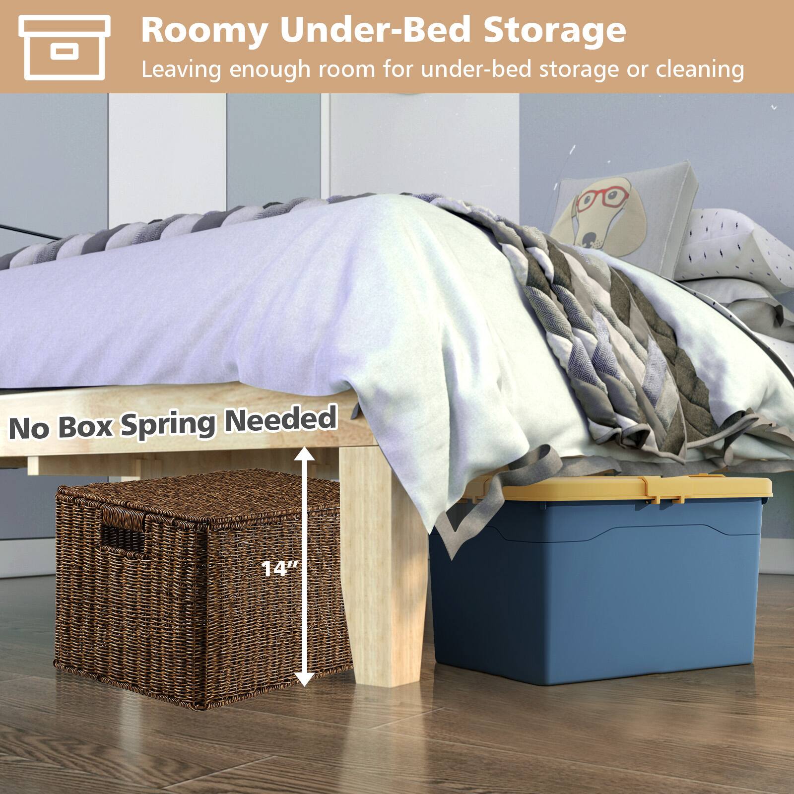 Roomy Under-Bed Storage, Leaving enough room for under-bed storage or cleaning, No Box Spring Needed, 14"