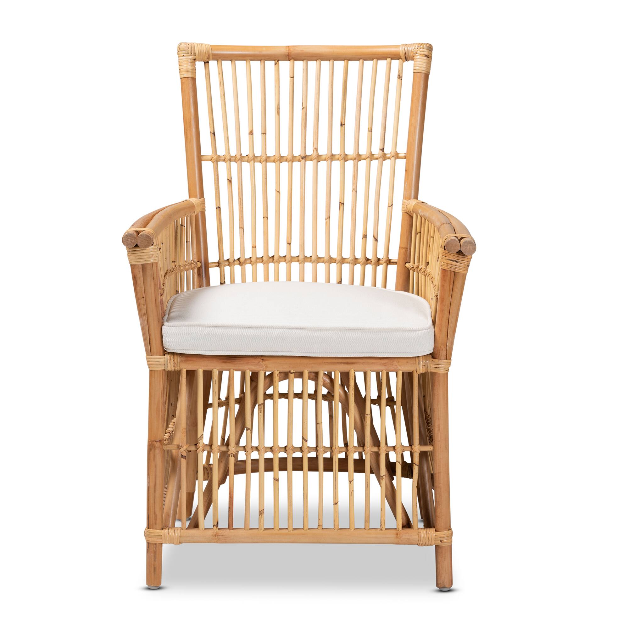 Angle. bali & pari - Rose Modern Bohemian Fabric Upholstered and Rattan Armchair - White/Natural Brown.