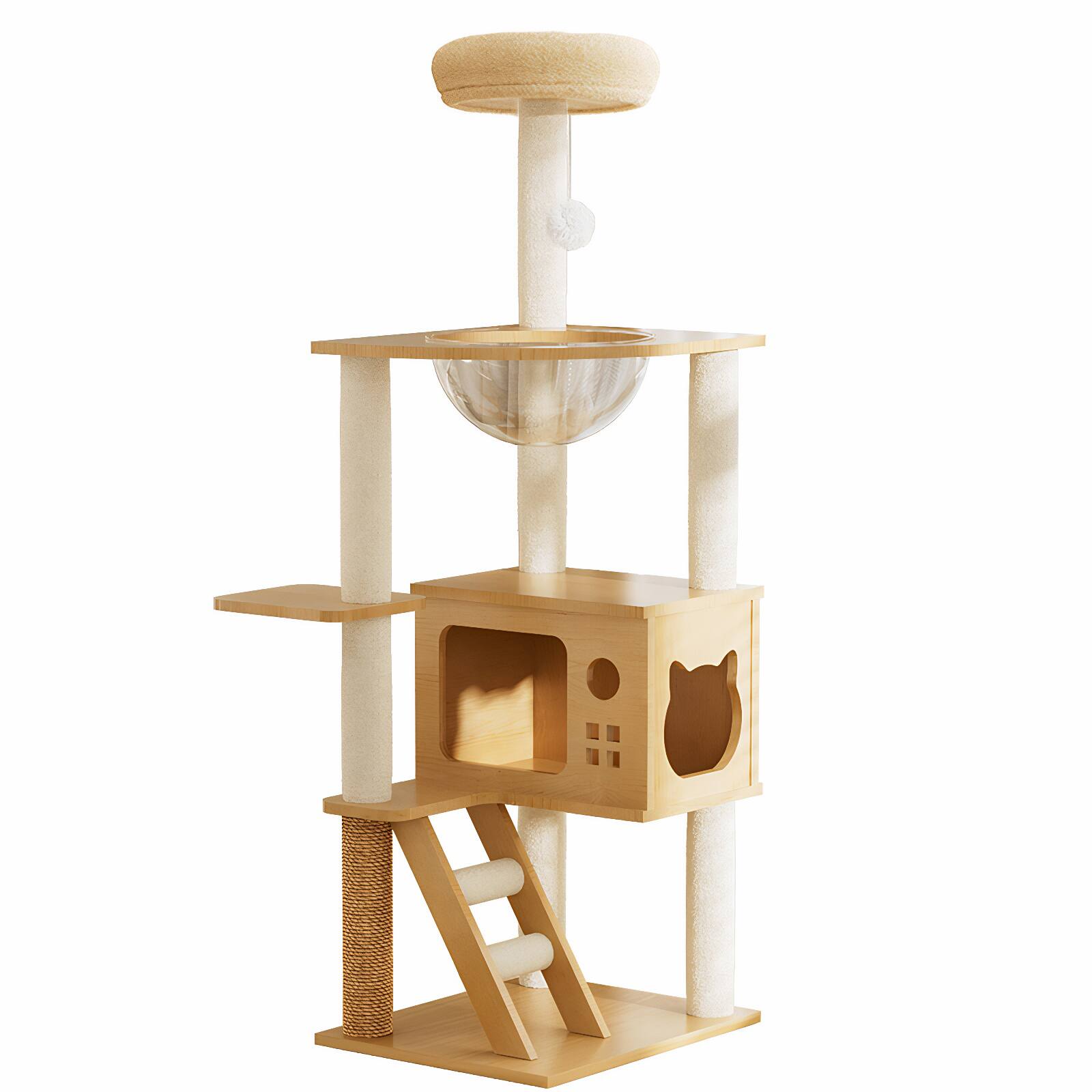 Front. Dexmalle - Dexmalle-48.8" Modern Wood Cat Tower with Sisal Covered Scratching Posts and Top Perch-Natural+White - Natural+White.