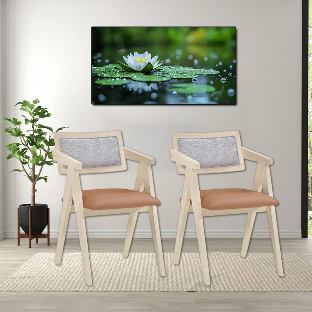 Front. Hivvago - Set of 2 Mid-Century Wood Frame Accent Chairs with Faux Leather Cushions - Beige.