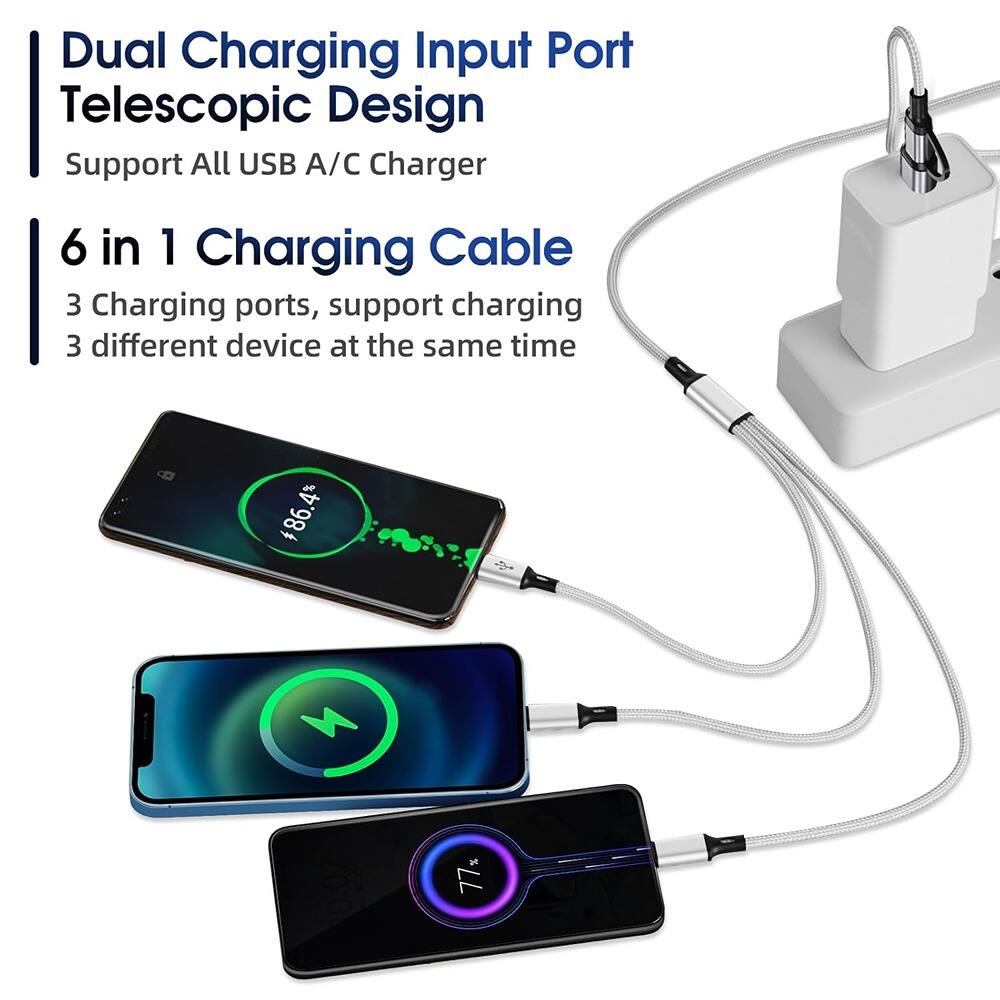 Dual Charging Input Port  
Telescopic Design  
Support All USB A/C Charger  

6 in 1 Charging Cable  
3 Charging ports, support charging 3 different devices at the same time  

$86.4%  
S 10:07  
77%