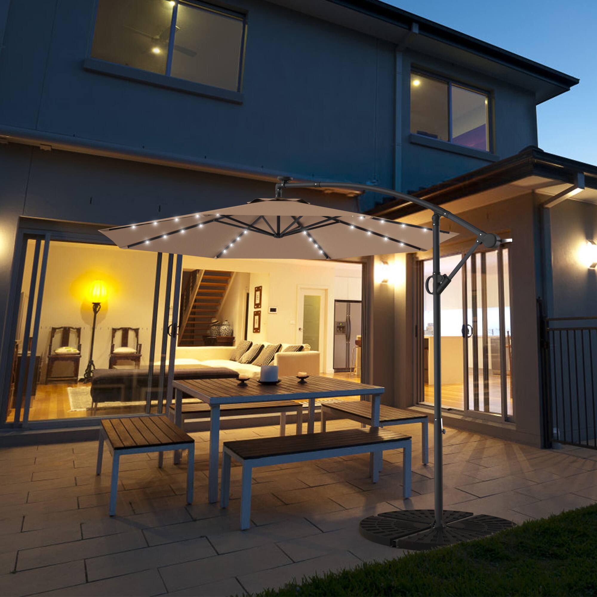 Alt View 3. Gymax - Gymax 10Ft Offset Hanging Umbrella Patio Outdoor w/ 32 Solar LED Lights Beige - Beige.