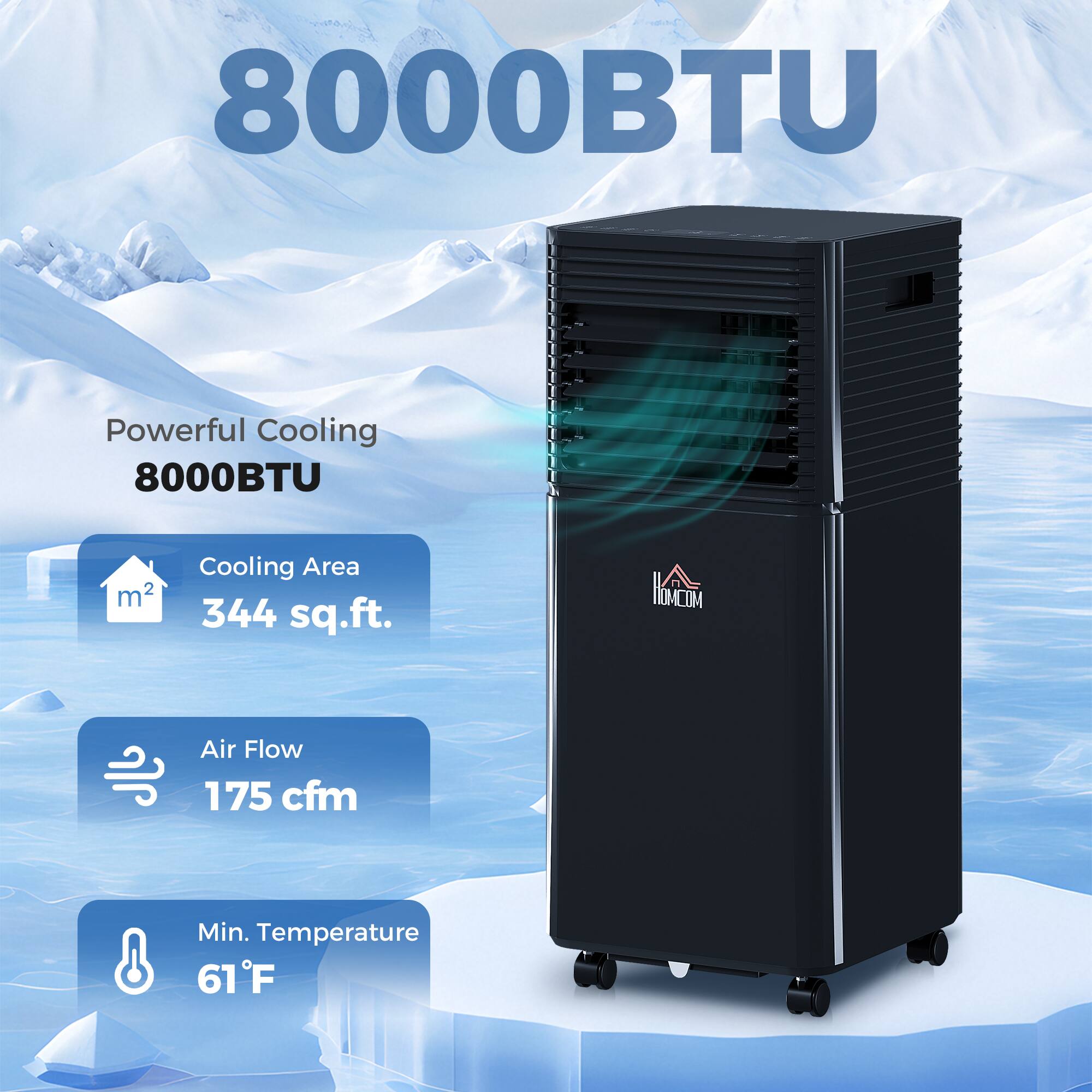 8000BTU

Powerful Cooling  
8000BTU

Cooling Area  
344 sq.ft.

Air Flow  
175 cfm

Min. Temperature  
61°F