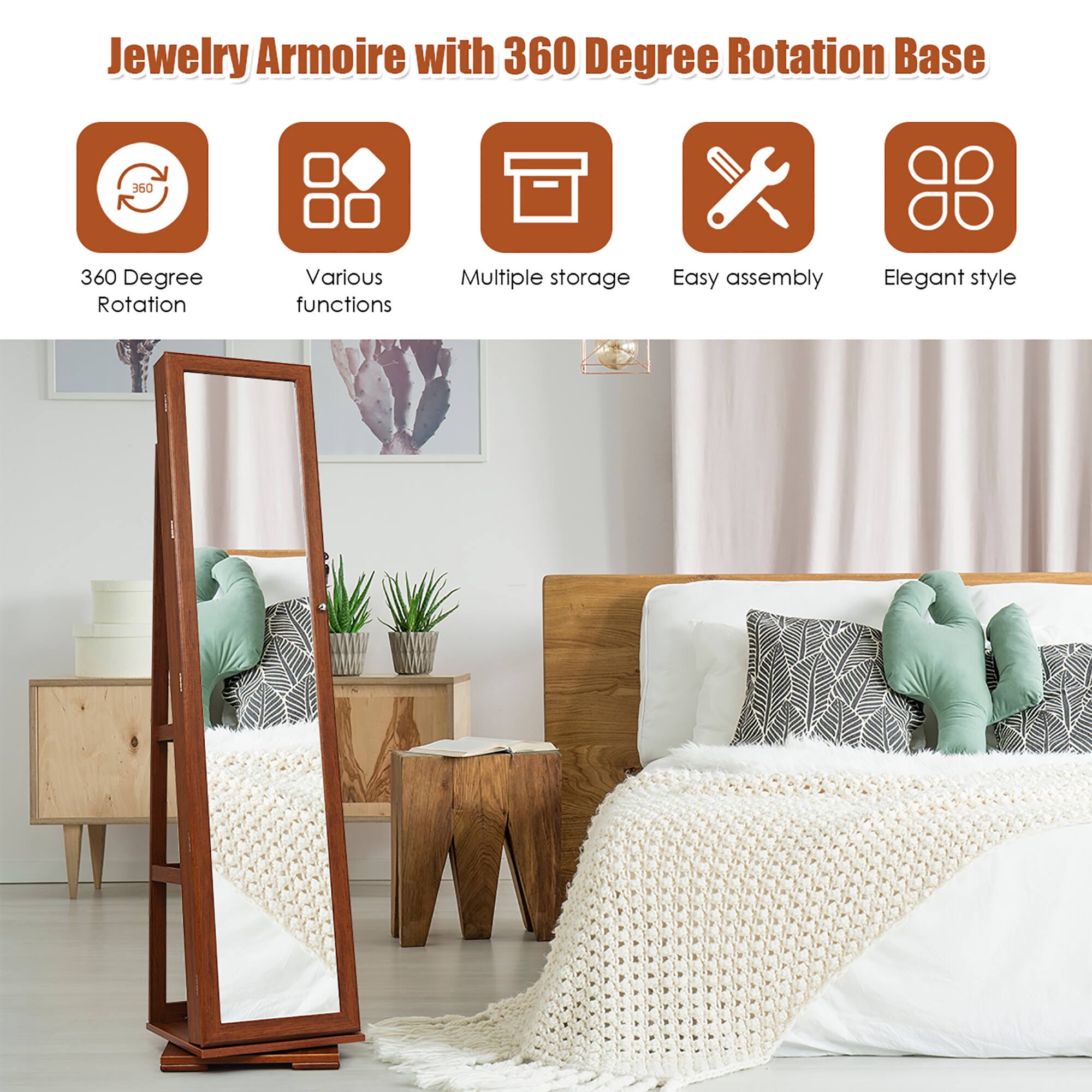 Jewelry Armoire with 360 Degree Rotation Base: 350 Degree Rotation, Various Functions, Multiple Storage, Easy Assembly, Elegant Style.