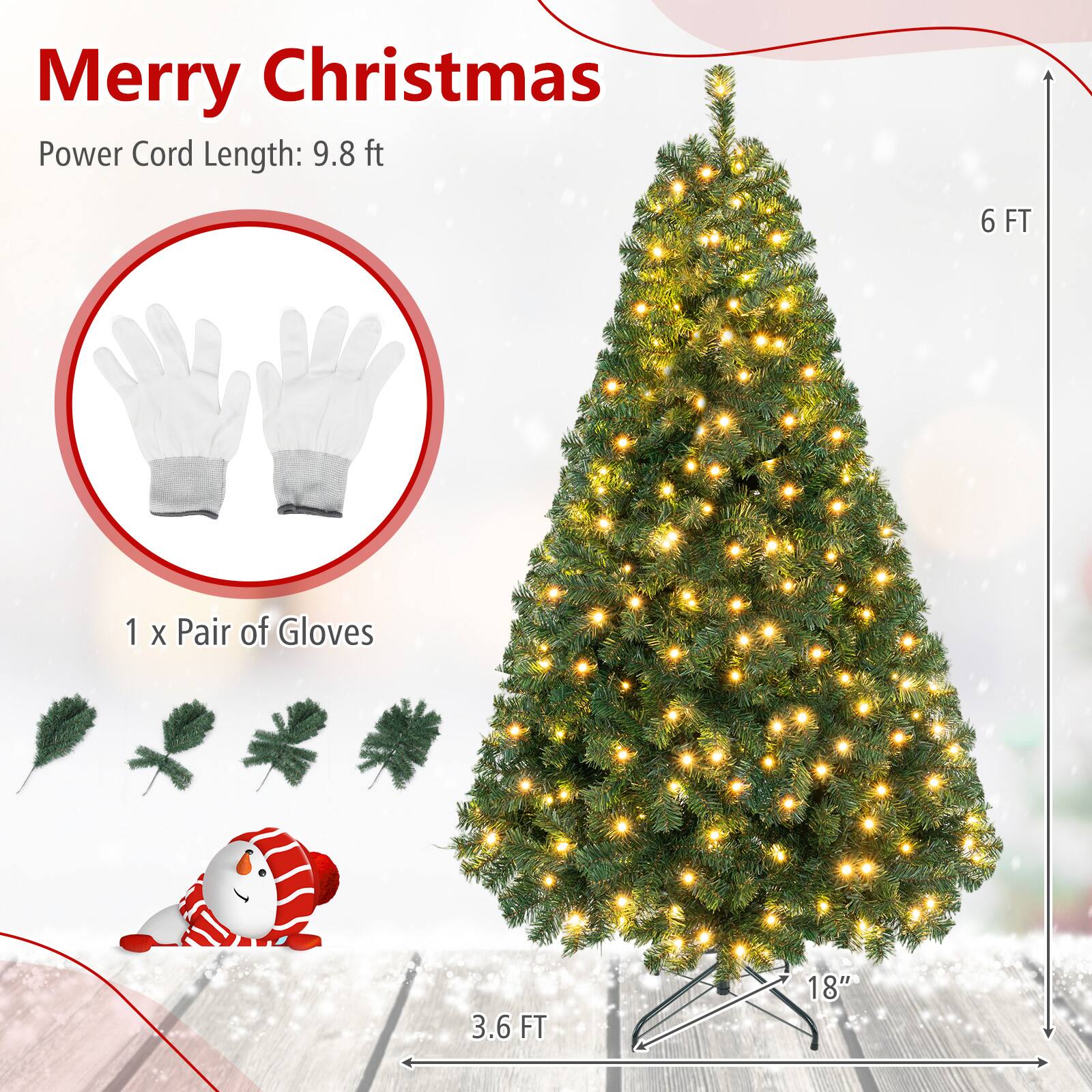 Merry Christmas  
Power Cord Length: 9.8 ft  
6 FT  
1 x Pair of Gloves  
3.6 FT  
18"