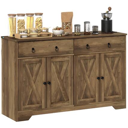 Front. Homcom - Sideboard Buffet Cabinet with Storage, 48" Kitchen Storage Cabinet with 2 Drawers and 4 Barn Doors - Brown.