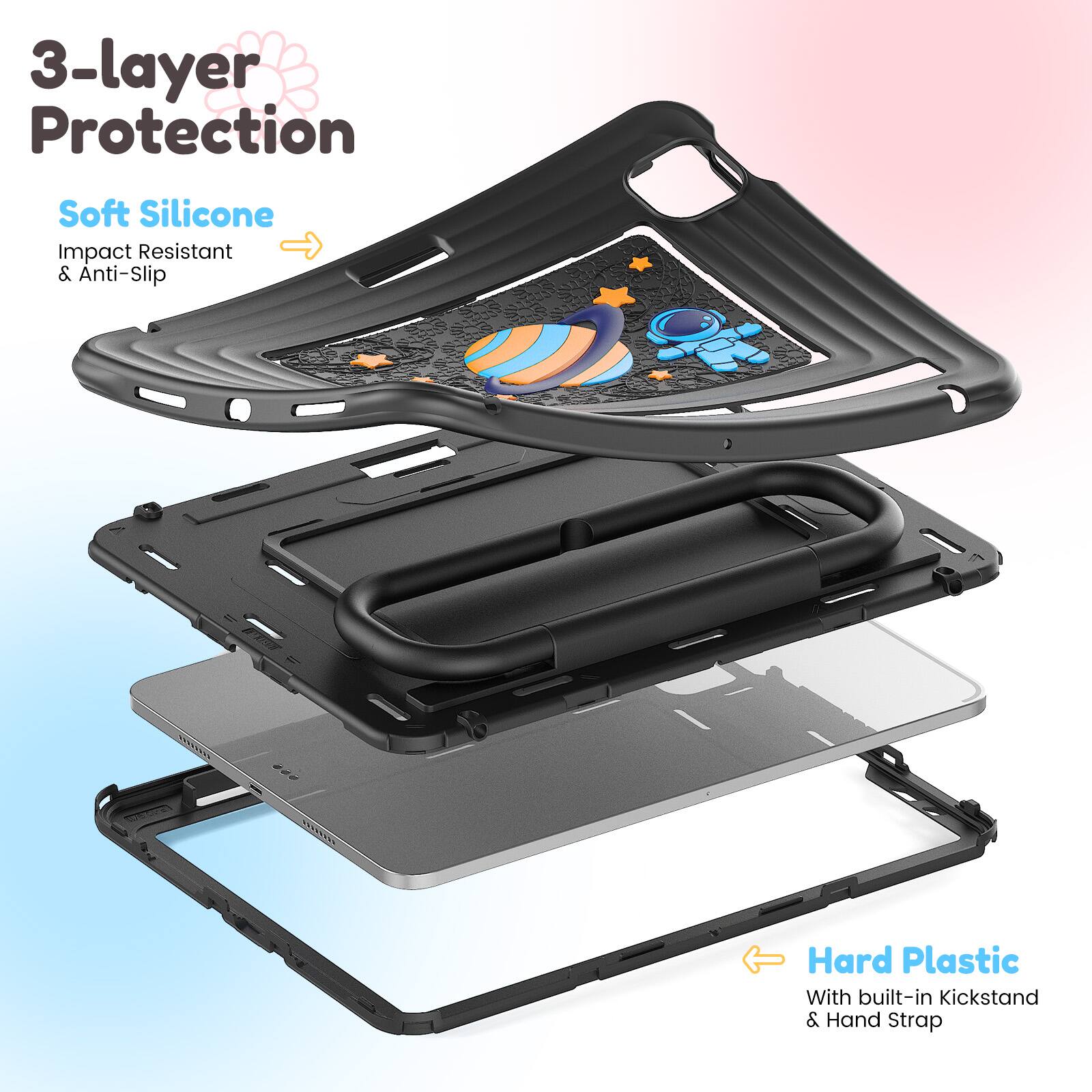 3-layer Protection

Soft Silicone  
Impact Resistant & Anti-Slip

Hard Plastic  
With built-in Kickstand & Hand Strap