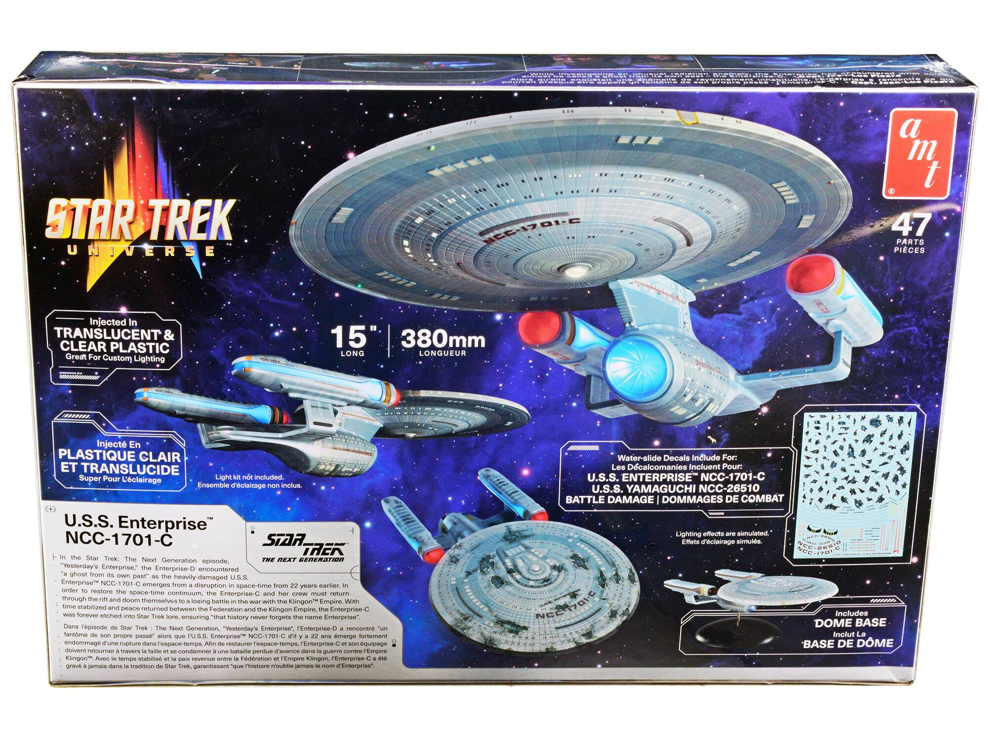 Sure, here is the corrected and grouped text from the image:

---

**STAR TREK UNIVERSE**

- Injected in TRANSLUCENT & CLEAR PLASTIC
- Great For Custom Lighting
- 15" 380mm LONGUEUR
- Inject En PLASTIQUE CLAIR ET TRANSLUCIDE
- Super Pour L'éclairage
- Light included. Ensemble d'éclairage inclus

**U.S.S. Enterprise NCC-1701-C**

- In the Star Trek: The Next Generation episode, "Yesterday's Enterprise," the Enterprise-D encountered a ghost from its own past: a heavily-damaged U.S.S. Enterprise NCC-1701-C emerges from a disruption in space-time from 22 years earlier. Through the rift and a space-time continuum, the Enterprise-C and her crew must return with the Enterprise-C to restore peace between the Federation and the Klingon Empire, the time stabilized and peace returned to the Federation.
- Dans l'épisode de Star Trek : The Next Generation, "Yesterday's Enterprise," l'Enterprise-D rencontre un Enterprise-C endommagé provenant d'une rupture dans l'espace-temps, 22 ans plus tôt.