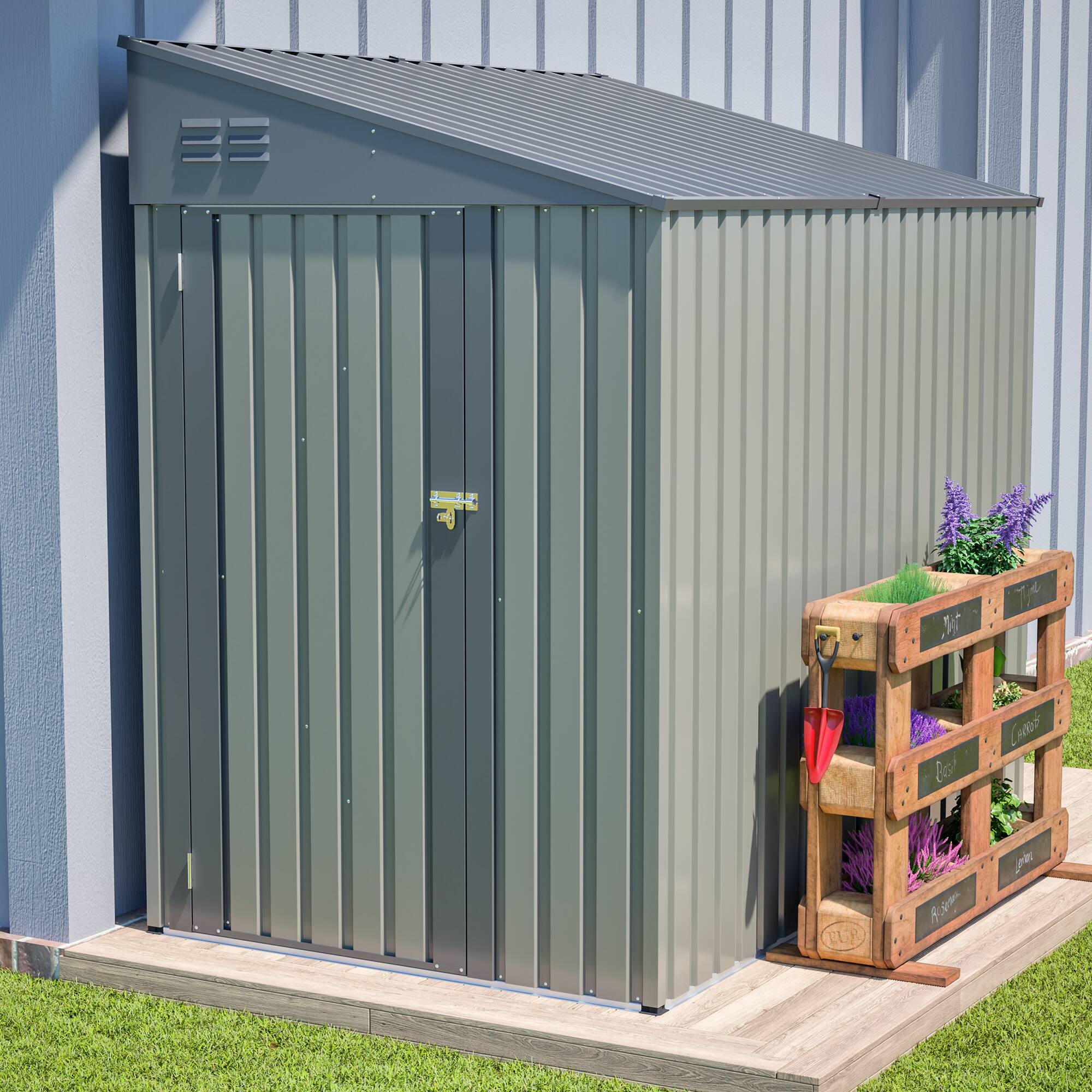 Left. Anysun - 4x7 Foot Lean-To Steel Storage Shed, Heavy-Duty Outdoor Garden Tool & Bicycle Shed with All-Weather Protection - Gray.