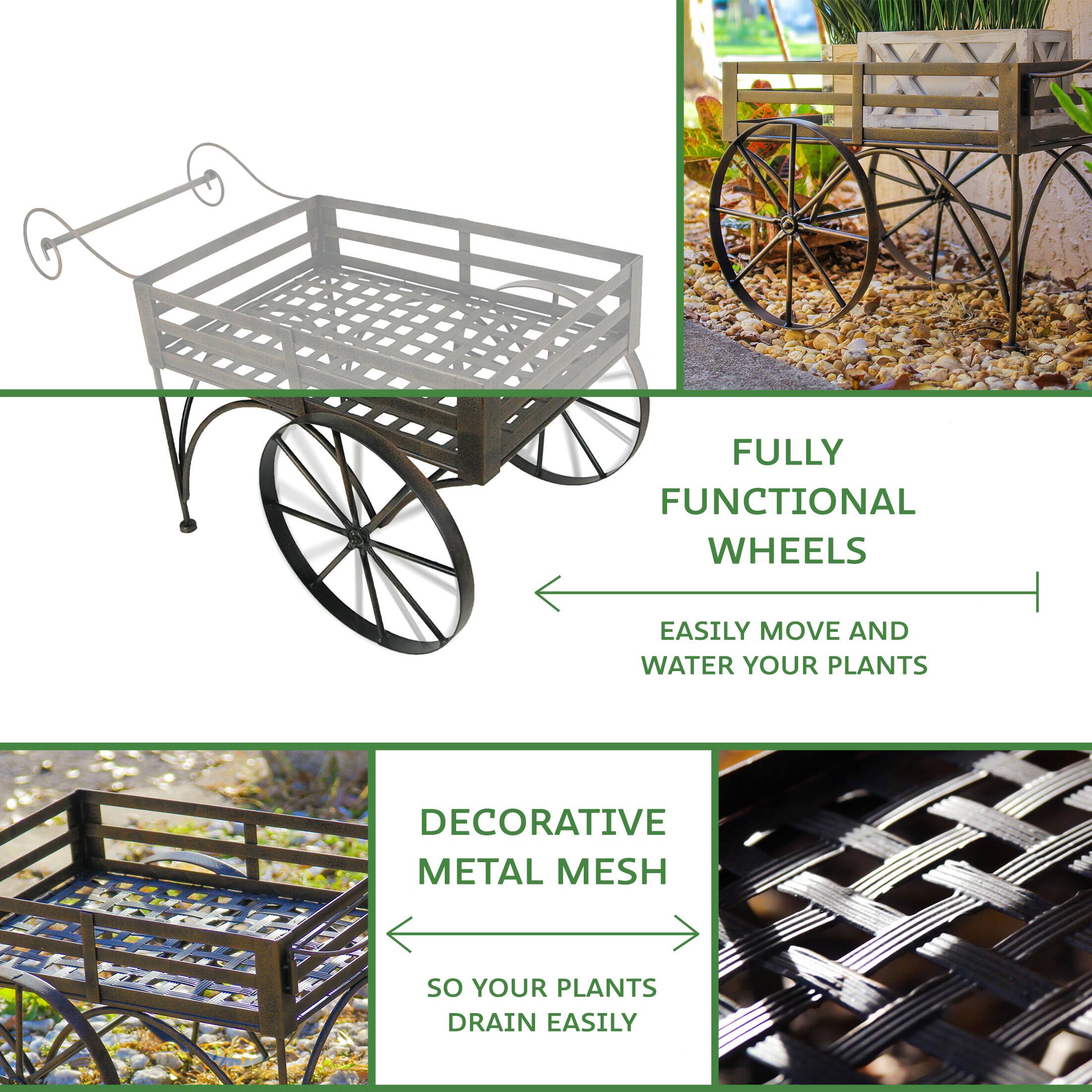 - Fully functional wheels easily move and water your plants.
- Decorative metal mesh so your plants drain easily.