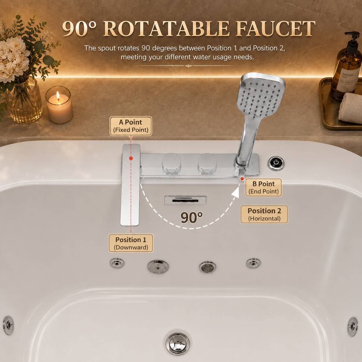 90° ROTATABLE FAUCET  
The spout rotates 90 degrees between Position 1 and Position 2, meeting your different water usage needs.

A Point (Fixed Point)  
B Point (End Point)  
Position 1 (Downward)  
Position 2 (Horizontal)