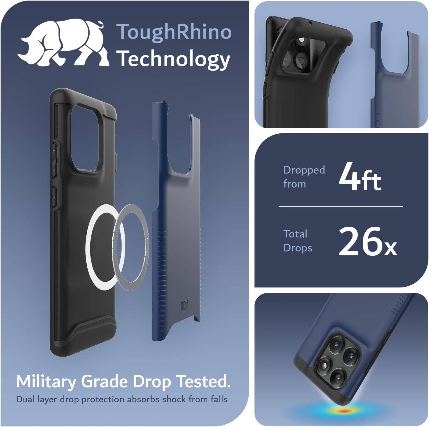 ToughRhino Technology

Dropped from 4ft  
Total Drops 26x

Military Grade Drop Tested.  
Dual layer drop protection absorbs shock from falls