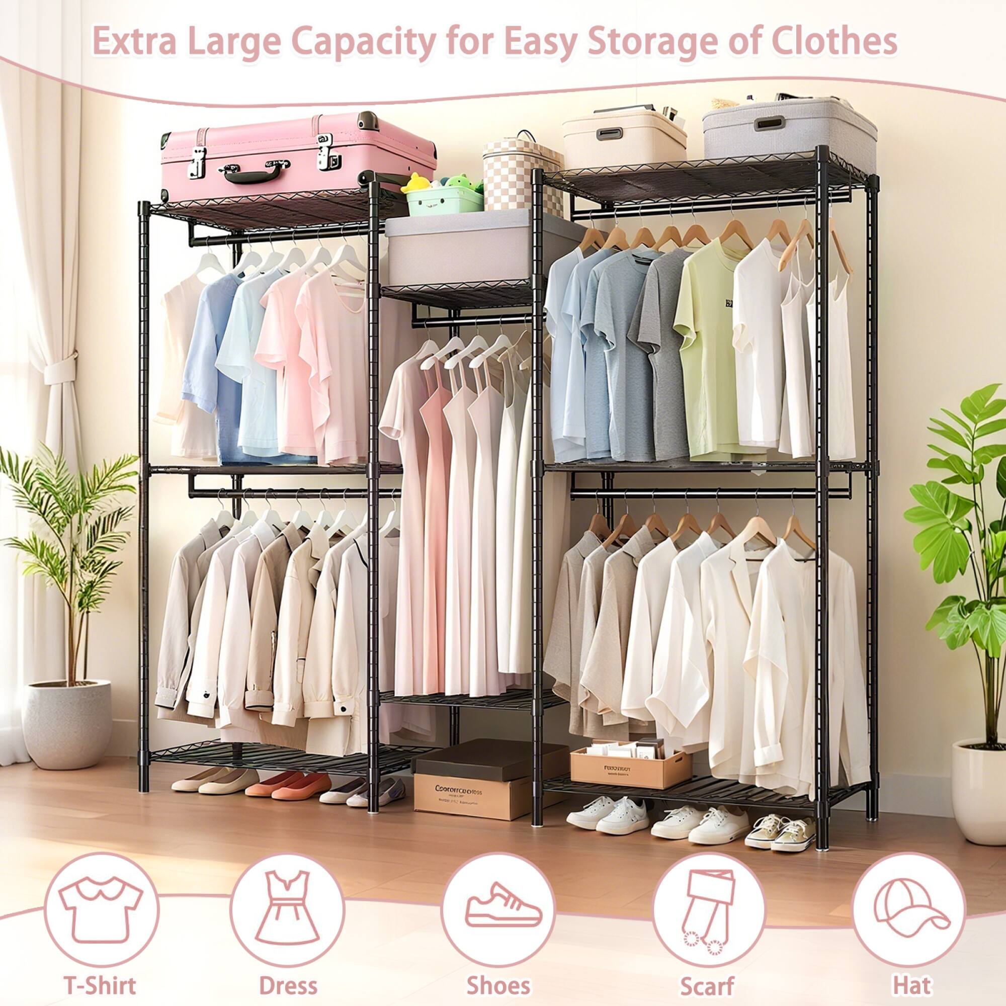 Extra Large Capacity for Easy Storage of Clothes

- T-Shirt
- Dress
- Shoes
- Scarf
- Hat