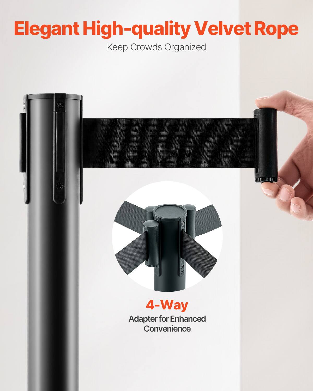 Elegant High-quality Velvet Rope  
Keep Crowds Organized  

4-Way Adapter for Enhanced Convenience