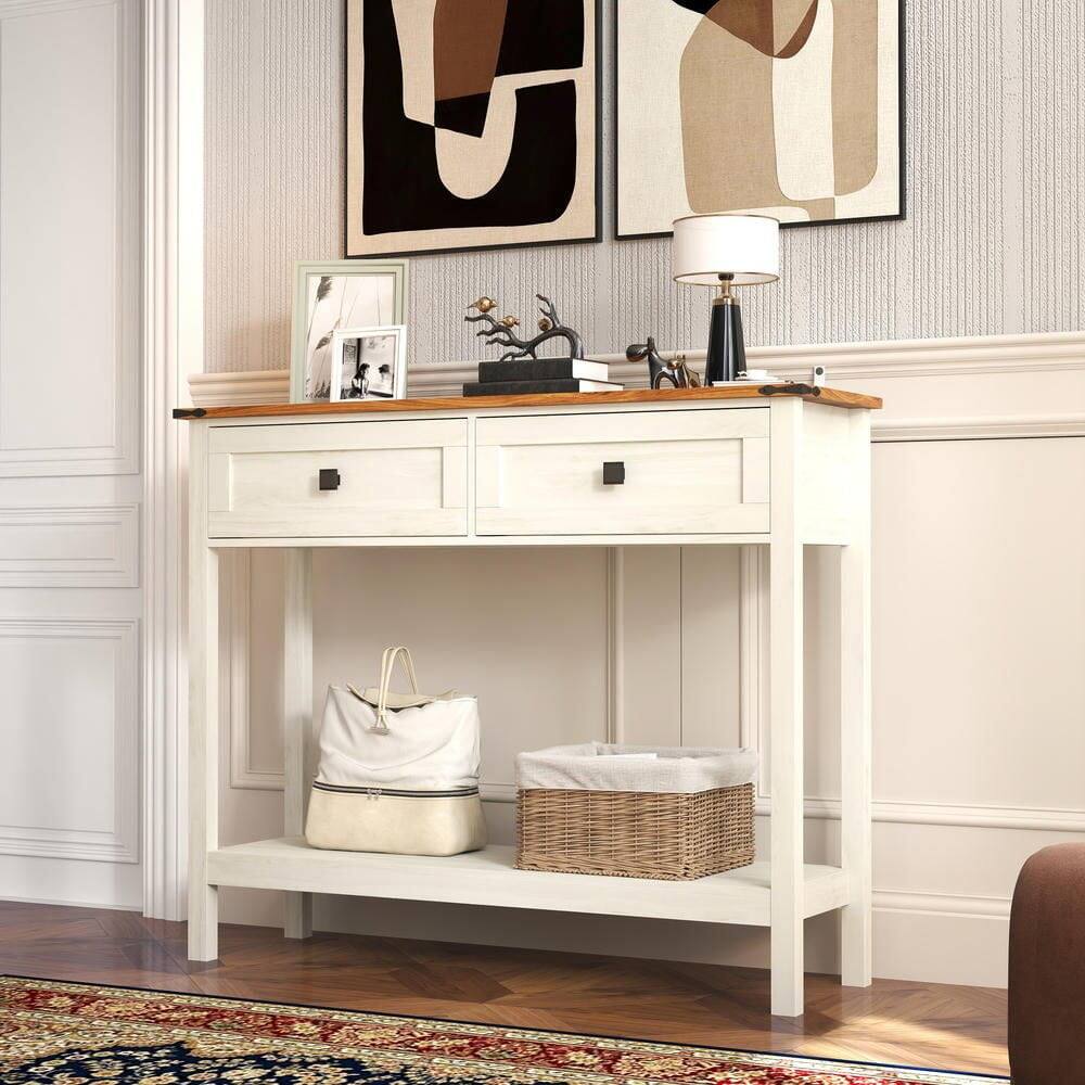 Angle. Kadyn - Farmhouse Style Console Table - 2 Drawers & Bottom Storage Shelf, Rustic Side Table for Entryway, Living Room, Hallway - White.