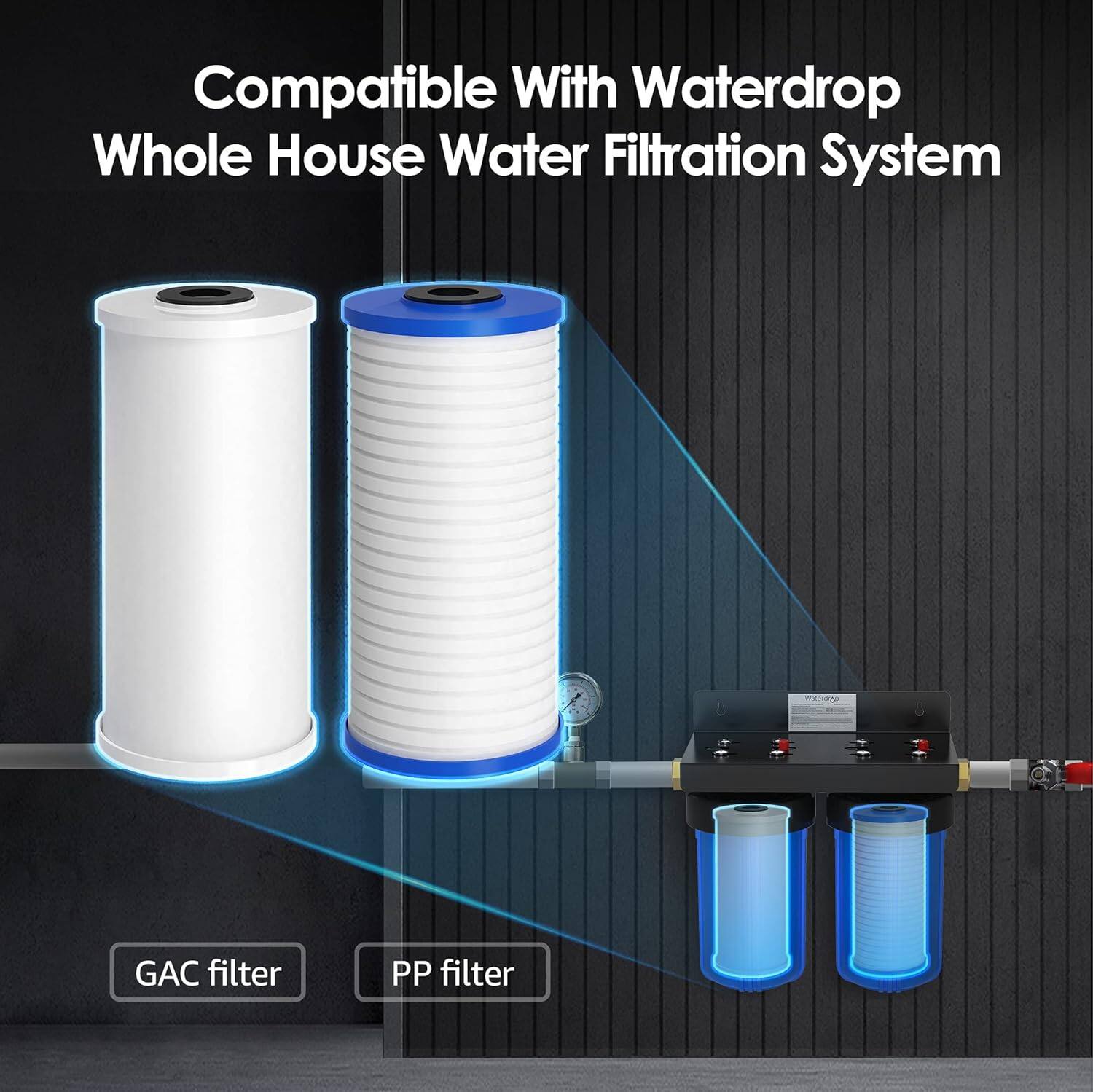 Compatible with Waterdrop Whole House Water Filtration System, GAC filter, PP filter.