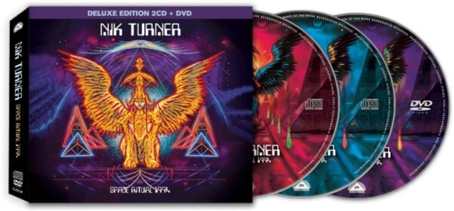 Sure, here is the corrected and grouped text from the image:

---

**Front Cover:**

- DELUXE EDITION 2CD + DVD
- NIK TURNER
- SPACE RITUAL 1974

**Spine:**

- NIK TURNER
- SPACE RITUAL 1974

**Discs:**

- NIK TURNER
- SPACE RITUAL 1974

**Additional Text on Discs:**

- DVD VIDEO

---
