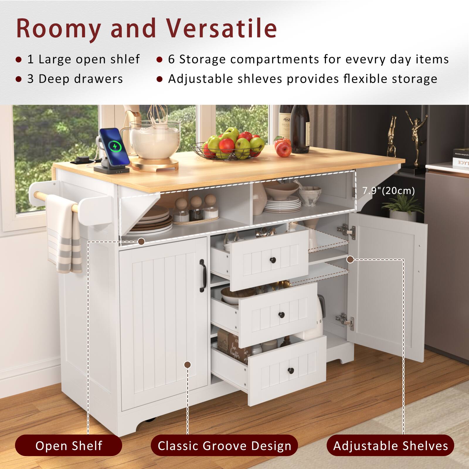 Roomy and Versatile

- 1 Large open shelf
- 3 Deep drawers
- 6 Storage compartments for everyday items
- Adjustable shelves provide flexible storage

Open Shelf
Classic Groove Design
Adjustable Shelves

7.9" (20cm)