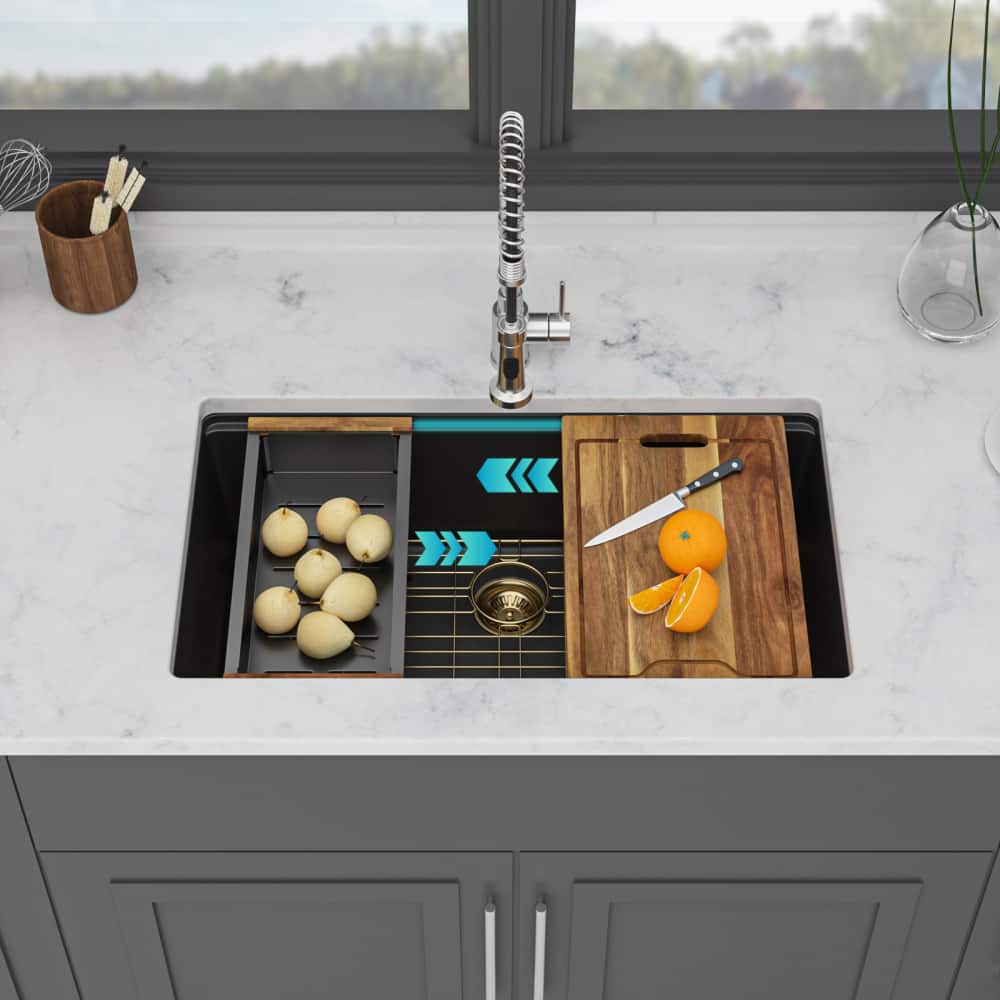 Front. JUJABU - Quartz Kitchen Sink - 30" x 19" x 9.65" Black Composite Workstation Undermount Single Bowl - Black.