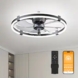 Loheer - Ceiling Fan with Light, 23.6 Inch Low Profile LED Ceiling Fan, Remote Control, 6 Speed, Black