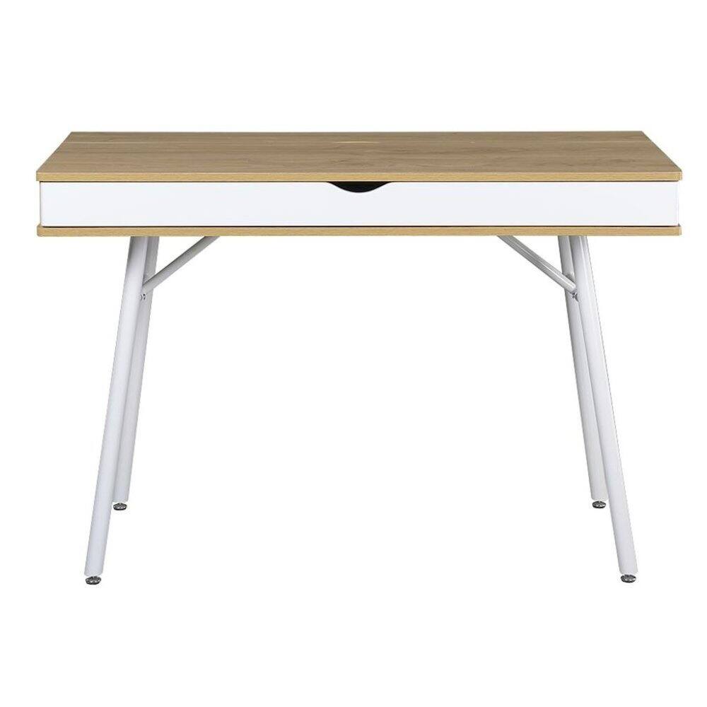 Back. FurniFact - Light Brown Wood Desk With 1 Drawer, White Frame Compact Writing Desk For Home - Green.