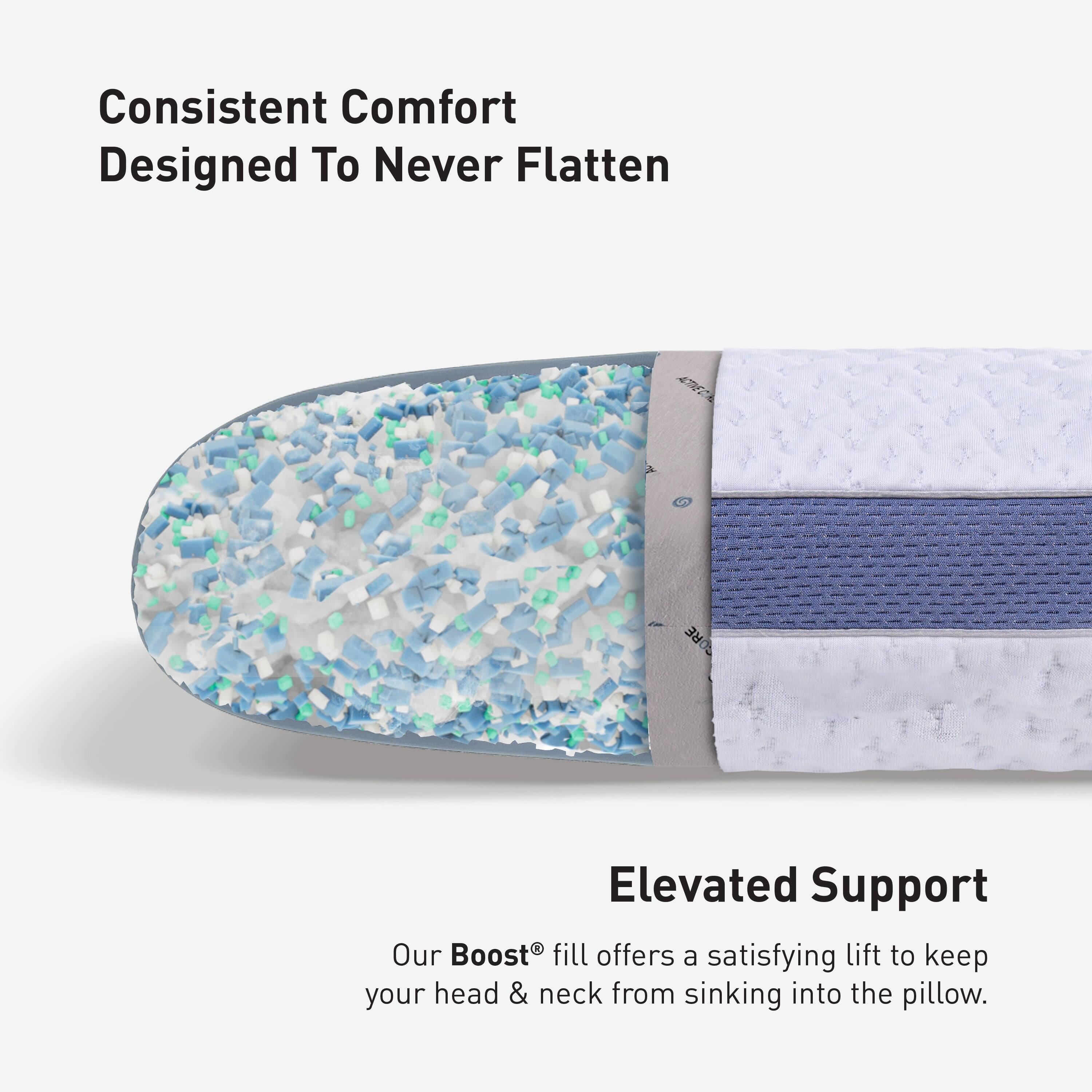 Consistent Comfort Designed To Never Flatten

Elevated Support
Our Boost® fill offers a satisfying lift to keep your head & neck from sinking into the pillow.