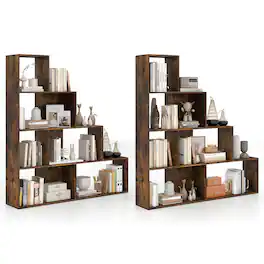 Costway - 2 PCS 4-Tier Stepped Bookshelf with 6 Cubes, 64" Tall Organizer with Anti-Tipping Kits - Rustic Brown