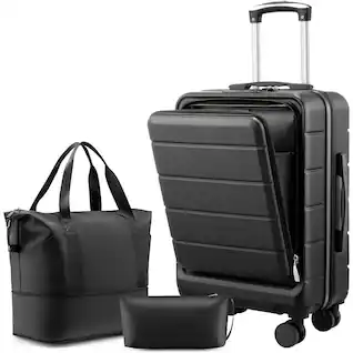LUGGEX - 3 Piece Sets Carry On Luggage Airline Approved with Front Pocket for Laptop and Tote Bag - FX-Lite - Black