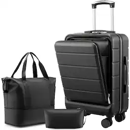 LUGGEX - 3 Piece Sets Carry On Luggage Airline Approved with Front Pocket for Laptop and Tote Bag - FX-Lite - Black