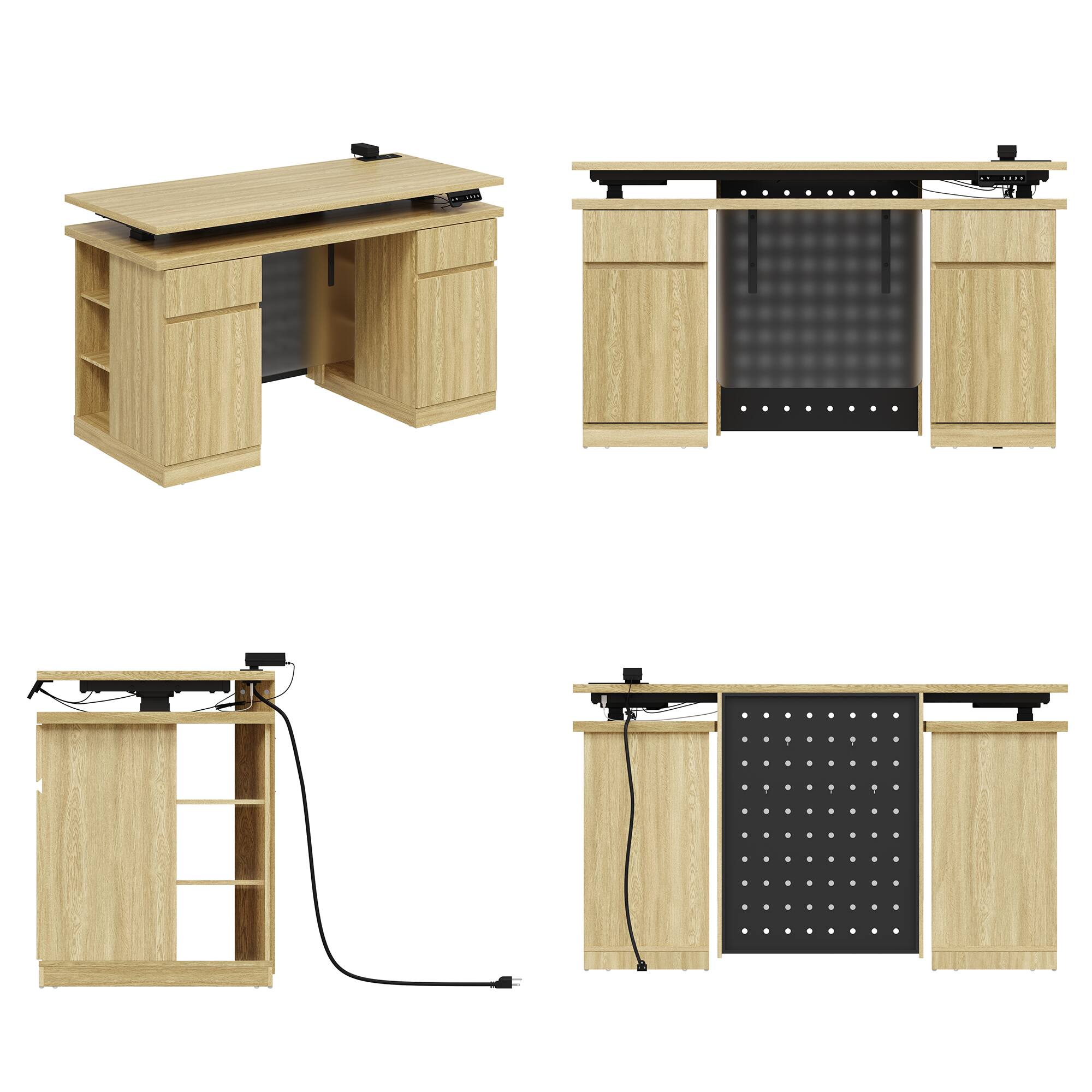 Alt View 7. Famapy - Electric Height Adjustable Standing Desk with Storage Drawers & LED Light,Workstation with Pegboard Memory Presets - Wooden.