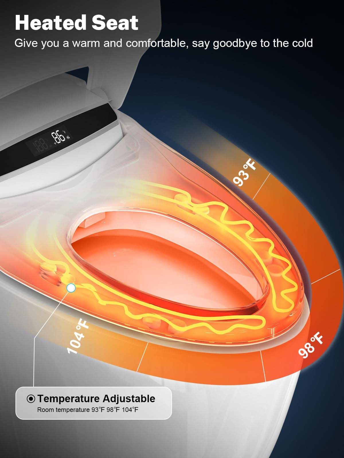 Heated Seat  
Give you a warm and comfortable, say goodbye to the cold  

Temperature Adjustable  
Room temperature 93°F 98°F 104°F